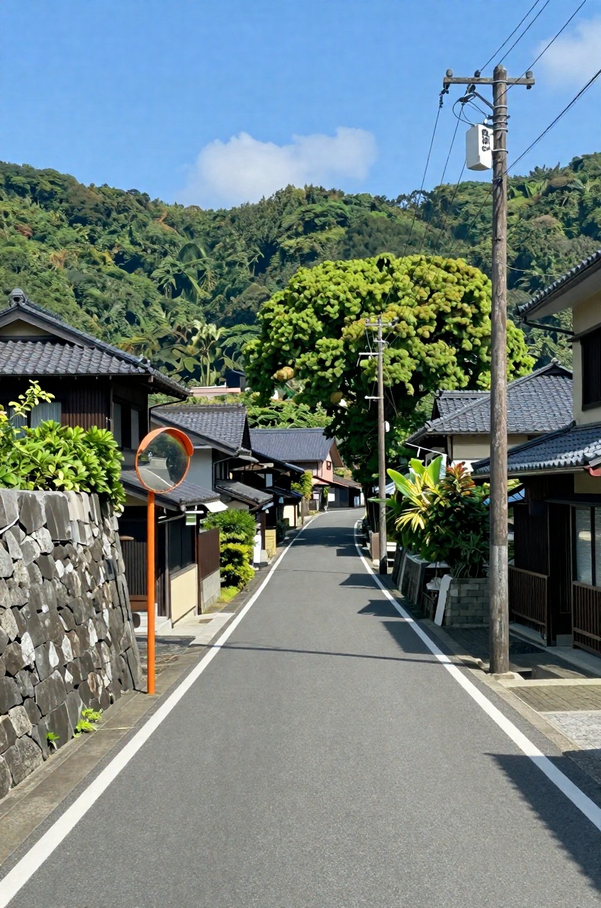 a quiet,  sunlit asphalt road curves gently through a picturesque Japanese village under a clear blue sky with a few faint...