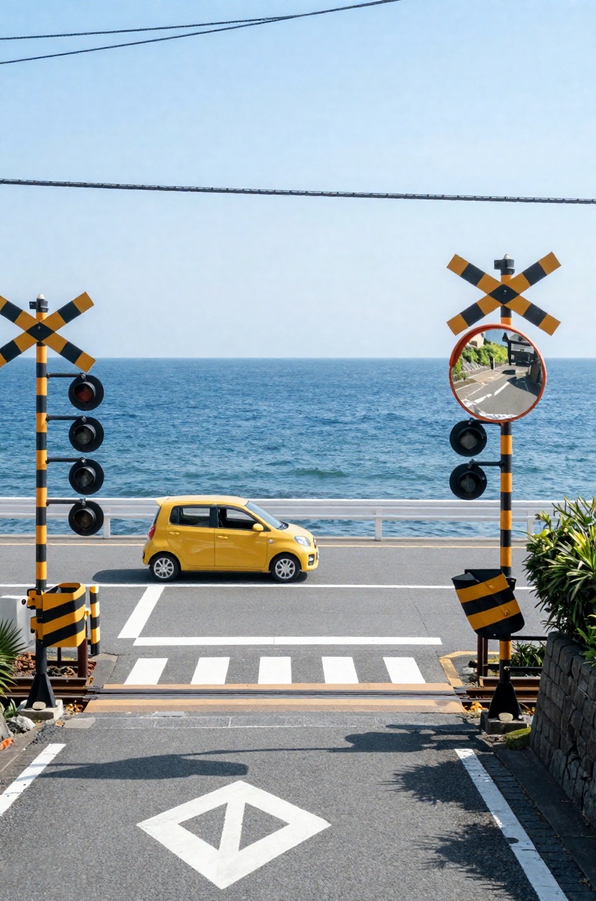 a bright yellow compact car drives from left to right along a coastal road that runs parallel to a vast,  calm blue ocean...