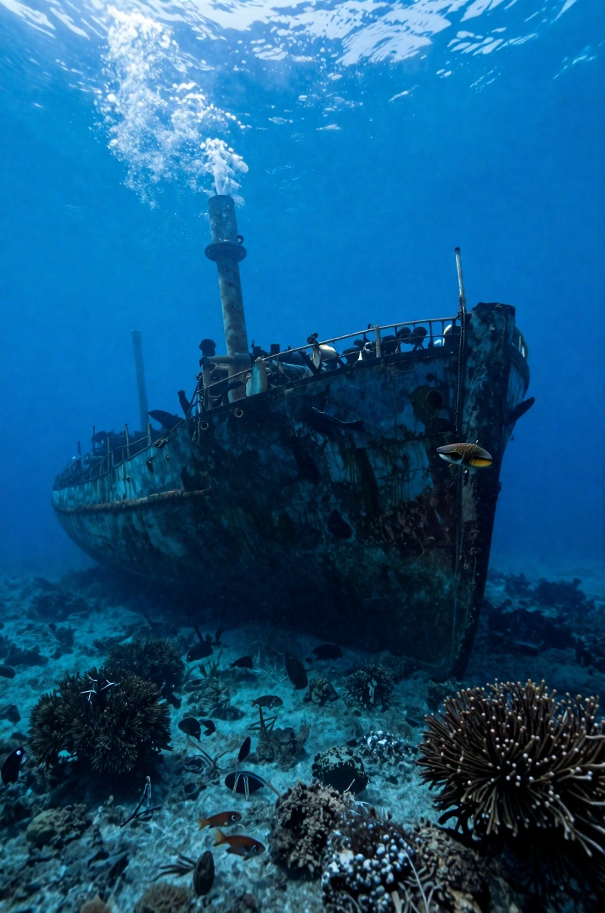 Underwater scenery with marine life and sunken ship on Tensor.Art