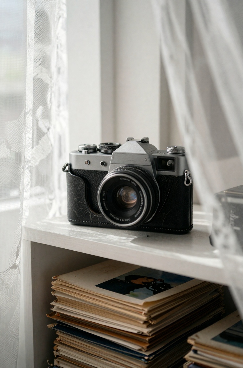 A vintage camera with cracked leather casing sits on a shelf beside dusty photo albums,  captured from behind a lace curta...