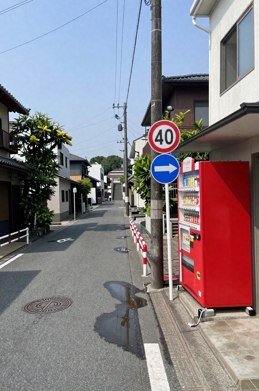 a bright and detailed photo depicts a quiet Japanese street corner on a clear day. The scene is filled with realistic town...