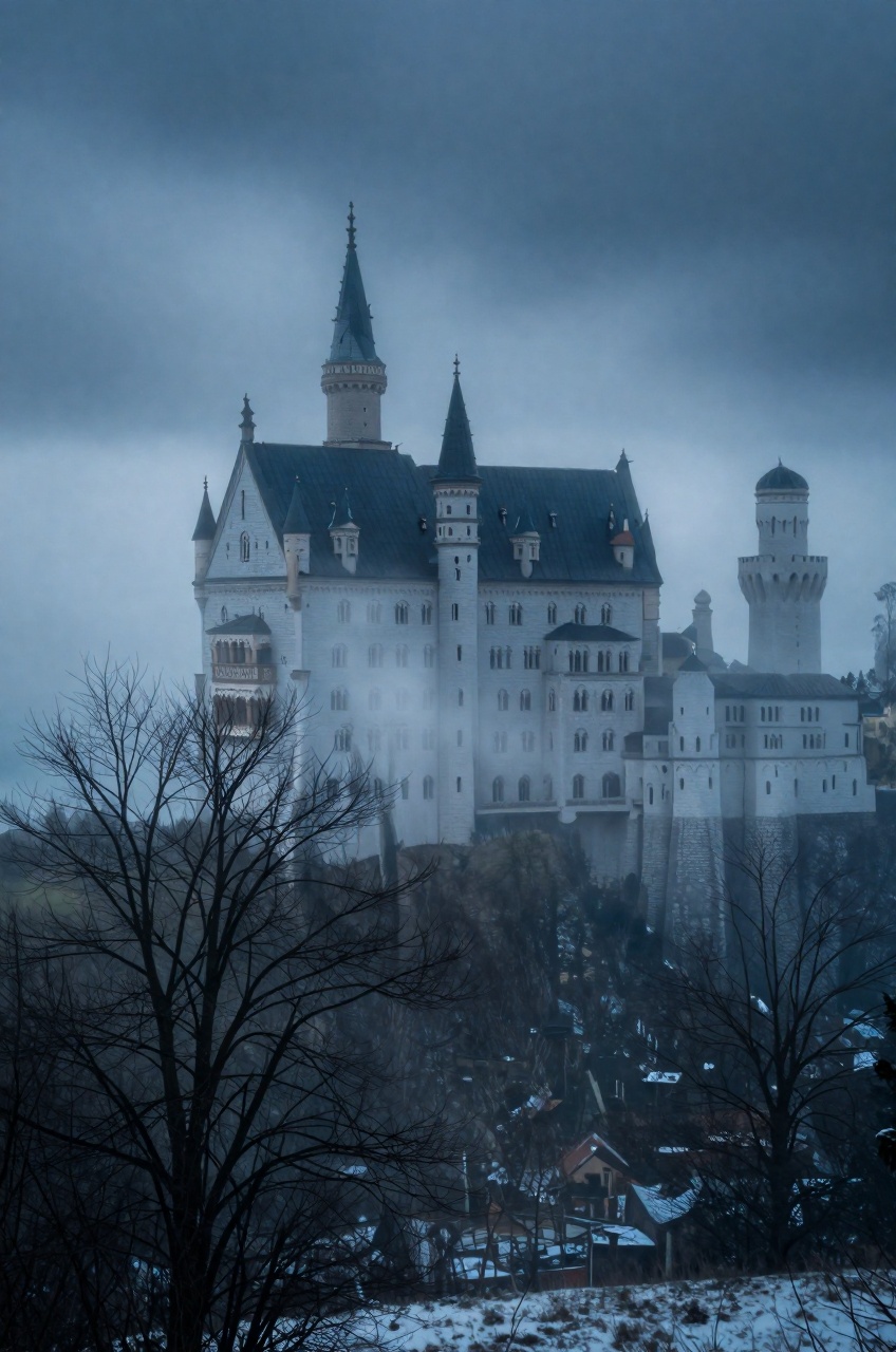 A cinematic shot of a majestic gothic castle shrouded in a dense,  swirling mist,  its dark spires piercing the cloudy on...