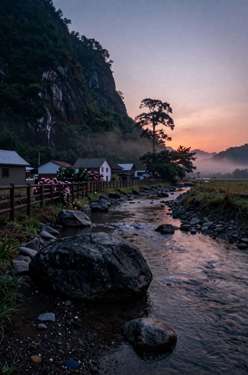 Village near cliff scenery in the dusk,  with shallow river,  stones on Tensor.Art