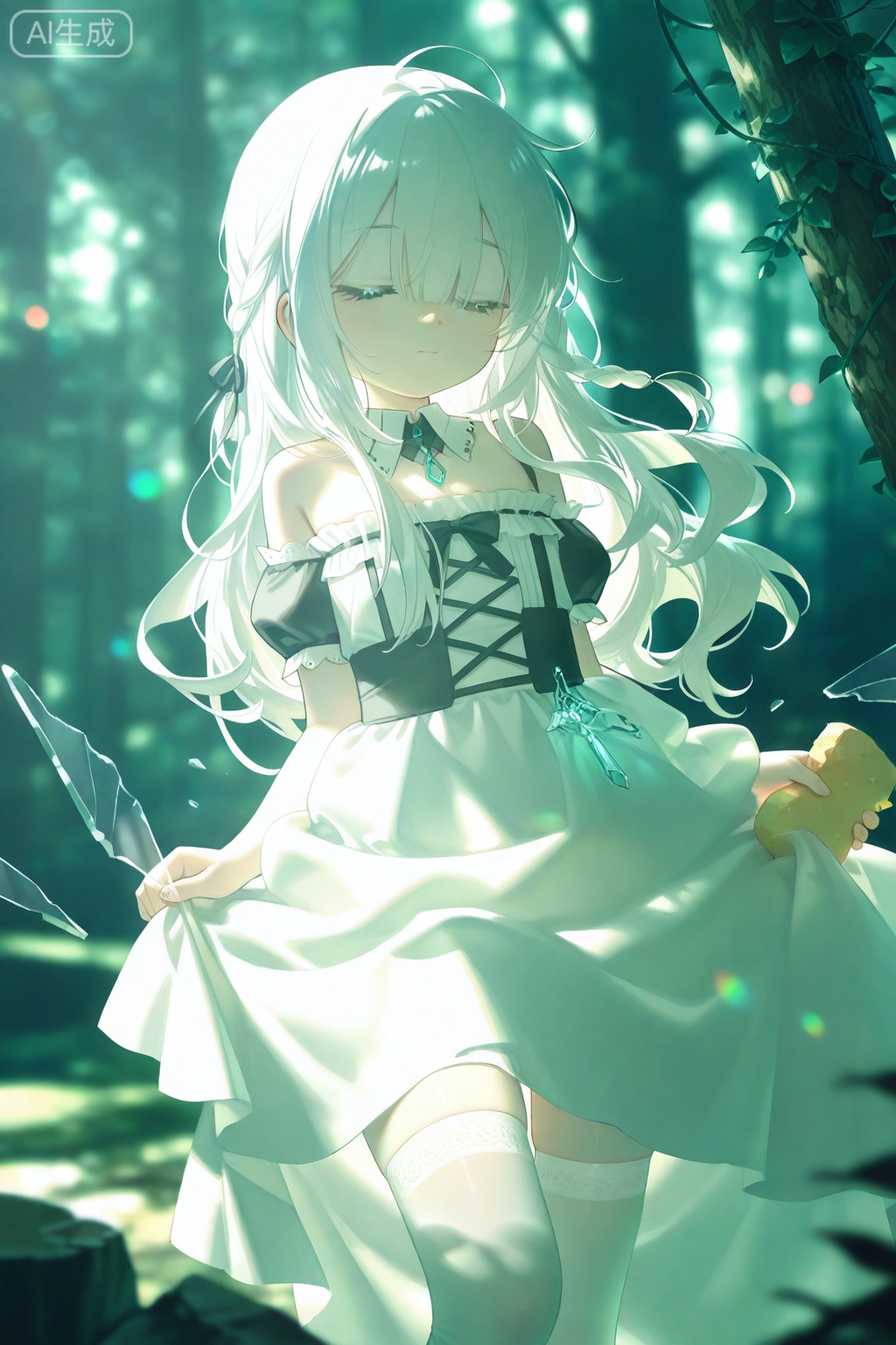 cyan color, green theme,masterpiece,best quality,high quality,loli,loli,loli,overexposure,chromatic_aberration,light,fair_skin,(detailed light),Blurred picture,lens flare, //, (colorful),loli,late at night,dark,dark,(detailed light),dark,an acacia,cassie,sponge-tree,vines,forest,ruins,Blurred picture,lens flare,hdr,1girl,broken glass,broken wall,aqua theme,white hair,blinking,white dress,closed mouth,constel lation,flat color,noline art,white hair,braid,blinking,maid,detached collar,bare shoulders,thighhighs, //, /,(chen bin:0.5),konya666,(hiten \(hitenkei\):0.4),(rimuu:0.5),(mignon:0.5),(sheya:0.6), //, //, official art,depth of field,detailed light,blurry background,best shadow,shiny skin,cinematic lighting,ray tracing,ultra-detailed textures,ultra-detailed body,ultra-detailed face,amazing quality,very aesthetic,absurdres,beast quality,ultra detailed,newest,8K,HDR,, 

