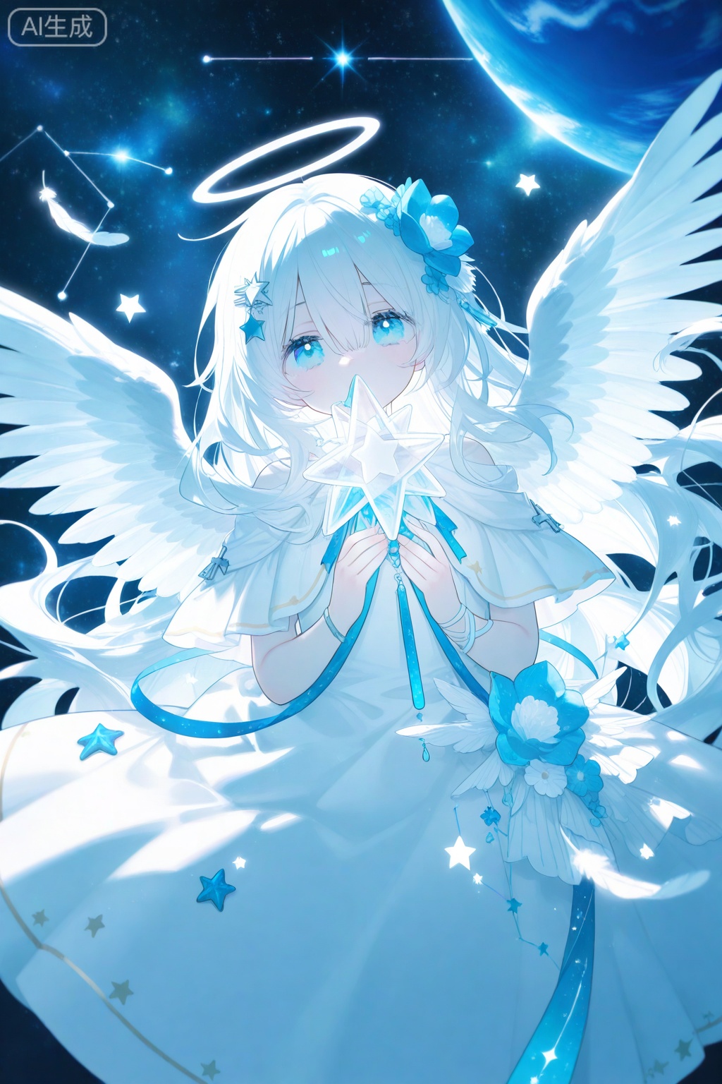 cyan color, blue theme,1girl, angel, angel_wings, blue_eyes, blue_flower, constellation, crescent, cross, dress, feathered_wings, flower, hair_between_eyes, hair_ornament, halo, long_hair, looking_at_viewer, planet, solo, star_\(sky\), star_\(symbol\), star_hair_ornament, star_print, starfish, starry_background, starry_sky, very_long_hair, white_feathers, white_hair, white_wings, wings 

