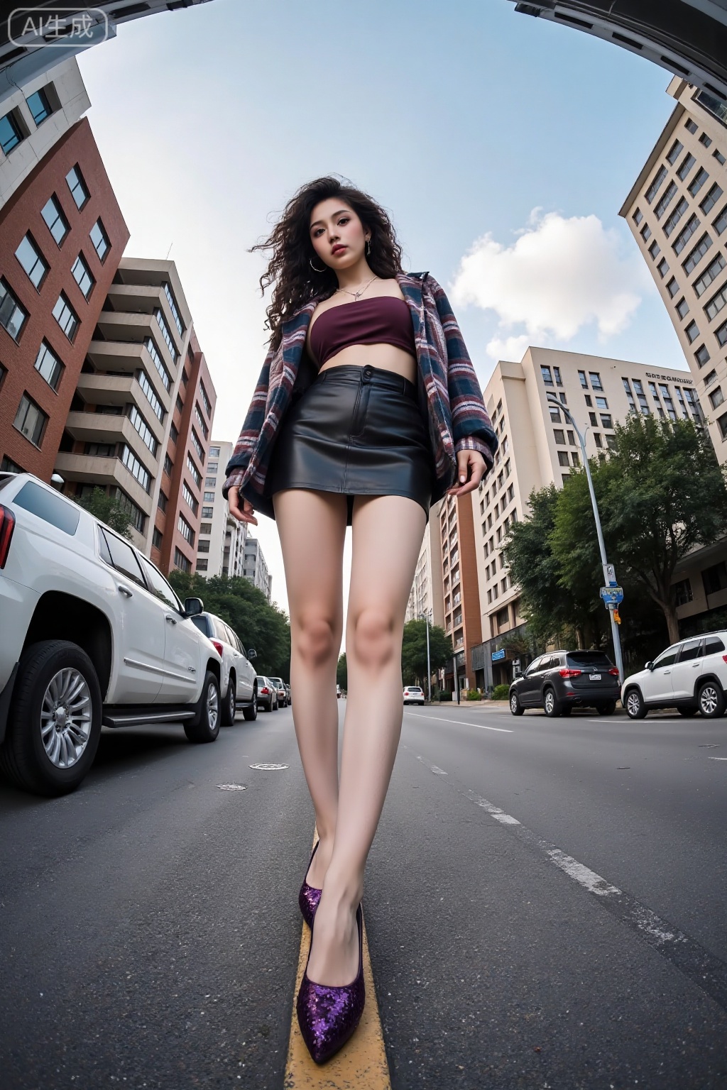 Realistic photo of a young woman with long curly hair, fair skin, big breasts, strapless, plaid jacket, short leather skirt, long legs, purple sequin high heels, full body, fashionable pose, moden street, moden tall buildings, low-angle shot, fisheye effect,