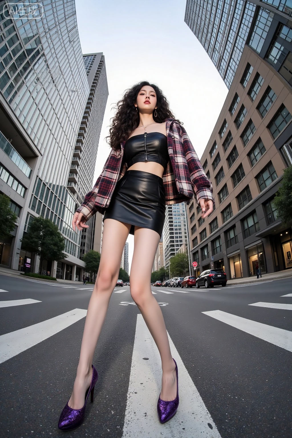 Realistic photo of a young woman with long curly hair, fair skin, big breasts, strapless, plaid jacket, short leather skirt, long legs, purple sequin high heels, full body, fashionable pose, moden street, moden tall buildings, low-angle shot, fisheye effect,