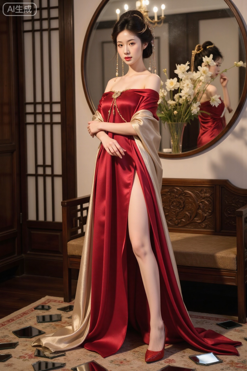 Realistic photo of a young woman, with bun, fair skin, big breasts, off-shoulder silk long dress, silk cover, long legs, high heels, full body, fashionable pose, Chinese living room, huge circular mirror, she was surrounded by small shards of mirrors,