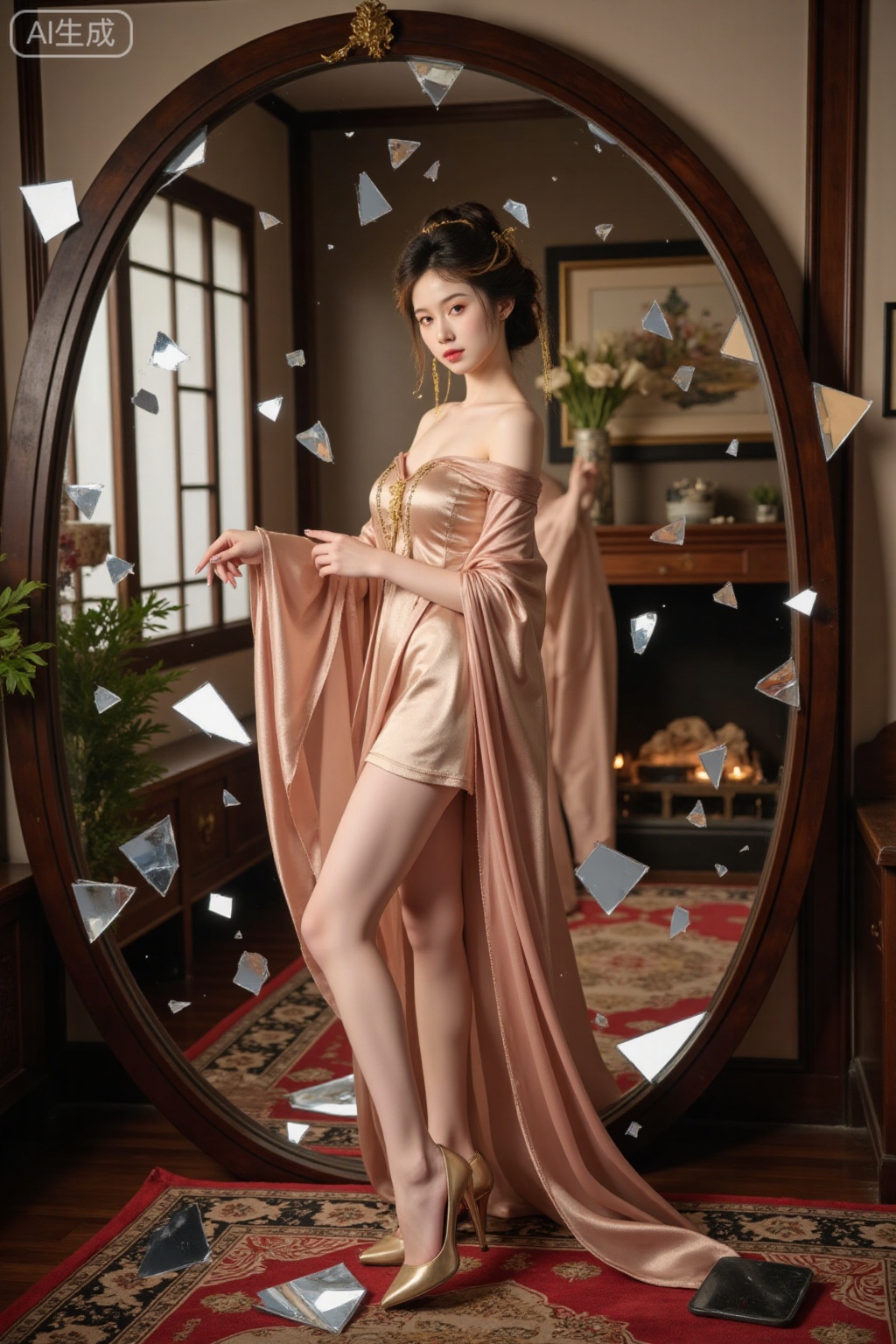 Realistic photo of a young woman, with bun, fair skin, big breasts, off-shoulder silk long dress, silk cover, long legs, high heels, full body, fashionable pose, Chinese living room, huge circular mirror, she was surrounded by small shards of mirrors,