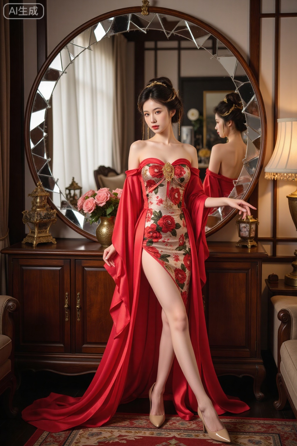 Realistic photo of a young woman, with bun, fair skin, big breasts, off-shoulder silk long dress, silk cover, long legs, high heels, full body, fashionable pose, Chinese living room, huge circular mirror, she was surrounded by small shards of mirrors,