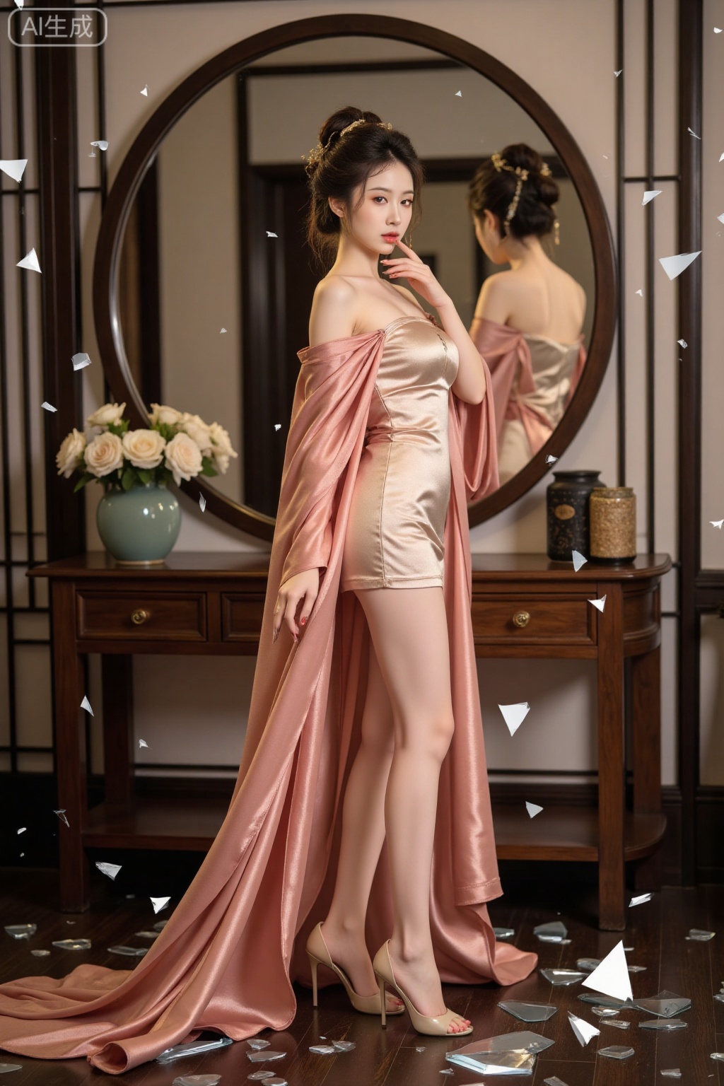 Realistic photo of a young woman, with bun, fair skin, big breasts, off-shoulder silk long dress, silk cover, long legs, high heels, full body, fashionable pose, Chinese living room, huge circular mirror, she was surrounded by small shards of mirrors,