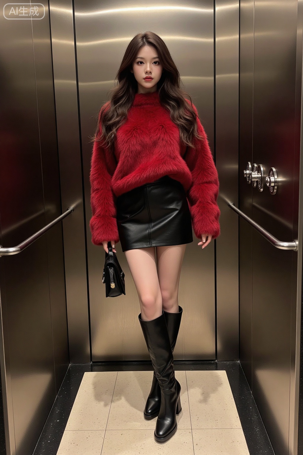 Realistic photo of a young woman with long curly hair, fair skin, big breasts, red mink sweater, short leather skirt, long legs, long boots, full body, standing in the elevator,