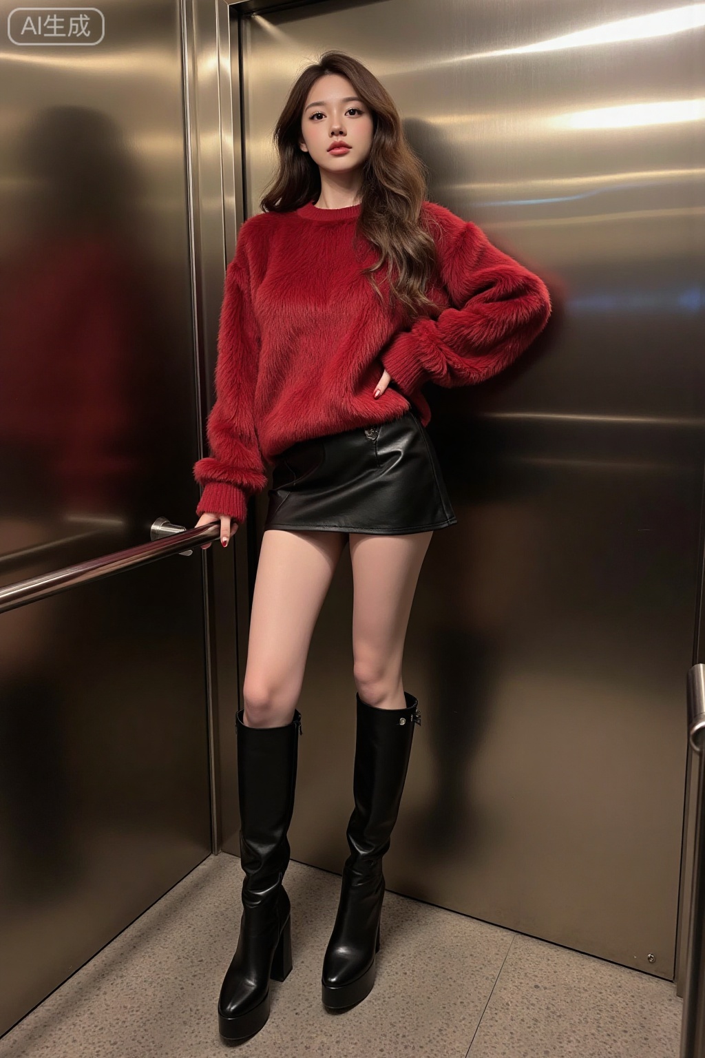 Realistic photo of a young woman with long curly hair, fair skin, big breasts, red mink sweater, short leather skirt, long legs, long boots, full body, standing in the elevator,