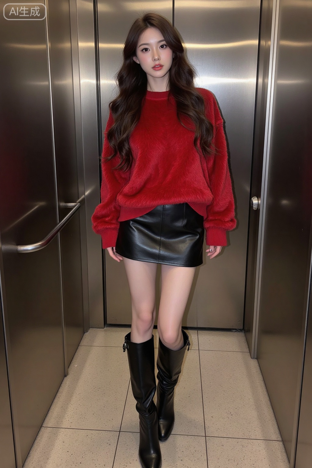 Realistic photo of a young woman with long curly hair, fair skin, big breasts, red mink sweater, short leather skirt, long legs, long boots, full body, standing in the elevator,
