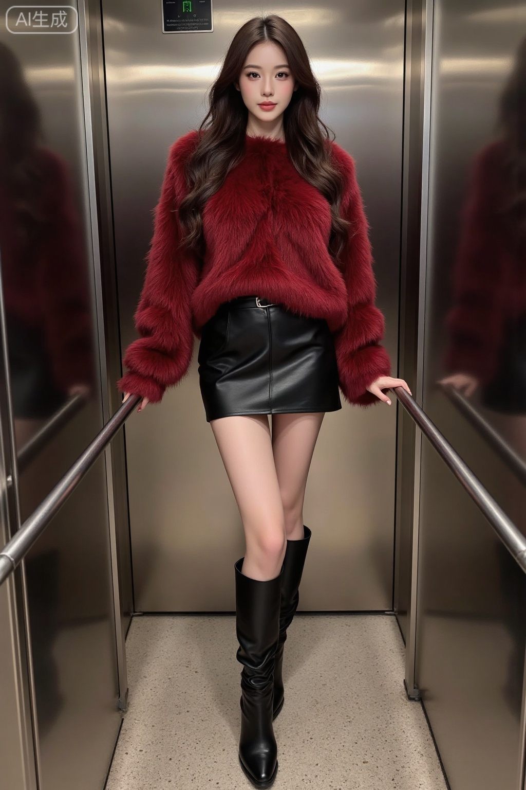 Realistic photo of a young woman with long curly hair, fair skin, big breasts, red mink sweater, short leather skirt, long legs, long boots, full body, standing in the elevator,