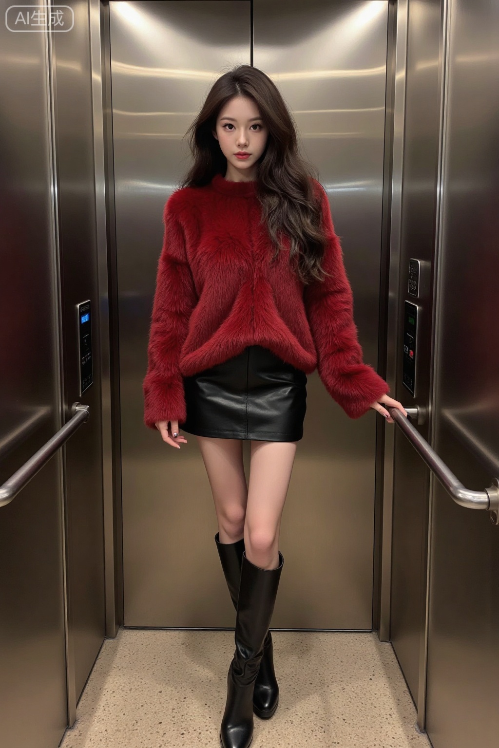 Realistic photo of a young woman with long curly hair, fair skin, big breasts, red mink sweater, short leather skirt, long legs, long boots, full body, standing in the elevator,