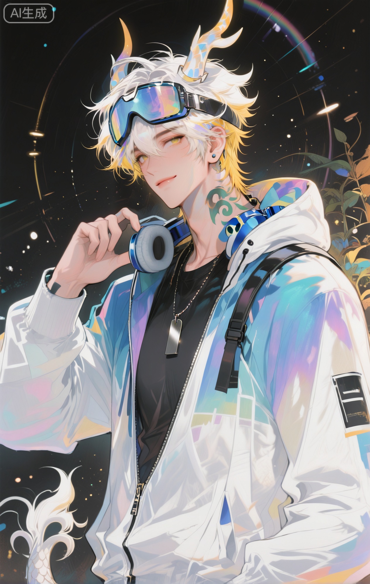 ,xiao zhi tiao,(artist:mazjojo:0.77), (artist:pigeon666:0.70), (artist:zawar379:0.83), (artist:remsrar:0.65), (artist:chimmyming:0.72),masterpiece,best quality,male focus,hd,4kamazing quality,very aesthetic,bust,high resolution,ultra-detailed,perfect lighting,volumetric lighting,,xiaozhitiao,yu xuan,multicolored hair,White dragon tail,White dragon horns,sneakers,white shorts,headphones,tattoo,yellow eyes,white hair,1boy,blonde hair,bangs,white **** top,

masterpiece, best quality, highres, goldenfieldszho, very awa, newest, absurdres, perfect lighting, , nsfw, yaoi, , male, masculine, (athletic, muscular),((flat color)),((flat color)),,

 BREAK,,(1boy,male focus,solo,goggles,goggles on head,looking at viewer,jewelry,smile,jacket,short hair,multicolored clothes,earrings,upper body,zipper,white hair,long sleeves,hand up,closed mouth,hair between eyes,stud earrings,necklace,hood,multicolored jacket,black shirt,black background)

BREAK,,danmei,rainbow,xiaozhitiao,Dog ears,Xiaozhitiao,dianmei