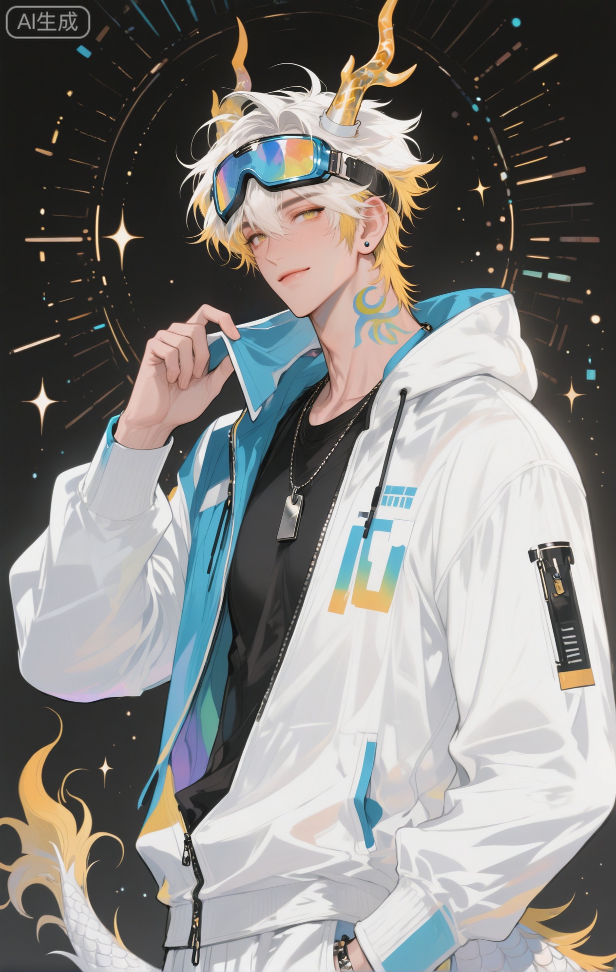 ,xiao zhi tiao,(artist:mazjojo:0.77), (artist:pigeon666:0.70), (artist:zawar379:0.83), (artist:remsrar:0.65), (artist:chimmyming:0.72),masterpiece,best quality,male focus,hd,4kamazing quality,very aesthetic,bust,high resolution,ultra-detailed,perfect lighting,volumetric lighting,,xiaozhitiao,yu xuan,multicolored hair,White dragon tail,White dragon horns,sneakers,white shorts,headphones,tattoo,yellow eyes,white hair,1boy,blonde hair,bangs,white **** top,

masterpiece, best quality, highres, goldenfieldszho, very awa, newest, absurdres, perfect lighting, , nsfw, yaoi, , male, masculine, (athletic, muscular),((flat color)),((flat color)),,

 BREAK,,(1boy,male focus,solo,goggles,goggles on head,looking at viewer,jewelry,smile,jacket,short hair,multicolored clothes,earrings,upper body,zipper,white hair,long sleeves,hand up,closed mouth,hair between eyes,stud earrings,necklace,hood,multicolored jacket,black shirt,black background)

BREAK,,danmei,rainbow,xiaozhitiao,Dog ears,Xiaozhitiao,dianmei