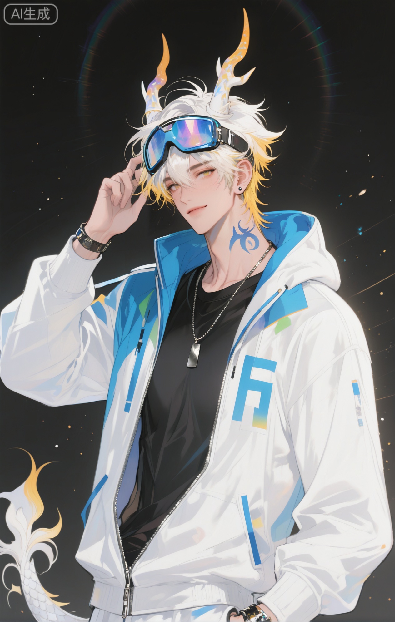 ,xiao zhi tiao,(artist:mazjojo:0.77), (artist:pigeon666:0.70), (artist:zawar379:0.83), (artist:remsrar:0.65), (artist:chimmyming:0.72),masterpiece,best quality,male focus,hd,4kamazing quality,very aesthetic,bust,high resolution,ultra-detailed,perfect lighting,volumetric lighting,,xiaozhitiao,yu xuan,multicolored hair,White dragon tail,White dragon horns,sneakers,white shorts,headphones,tattoo,yellow eyes,white hair,1boy,blonde hair,bangs,white **** top,

masterpiece, best quality, highres, goldenfieldszho, very awa, newest, absurdres, perfect lighting, , nsfw, yaoi, , male, masculine, (athletic, muscular),((flat color)),((flat color)),,

 BREAK,,(1boy,male focus,solo,goggles,goggles on head,looking at viewer,jewelry,smile,jacket,short hair,multicolored clothes,earrings,upper body,zipper,white hair,long sleeves,hand up,closed mouth,hair between eyes,stud earrings,necklace,hood,multicolored jacket,black shirt,black background)

BREAK,,danmei,rainbow,xiaozhitiao,Dog ears,Xiaozhitiao,dianmei