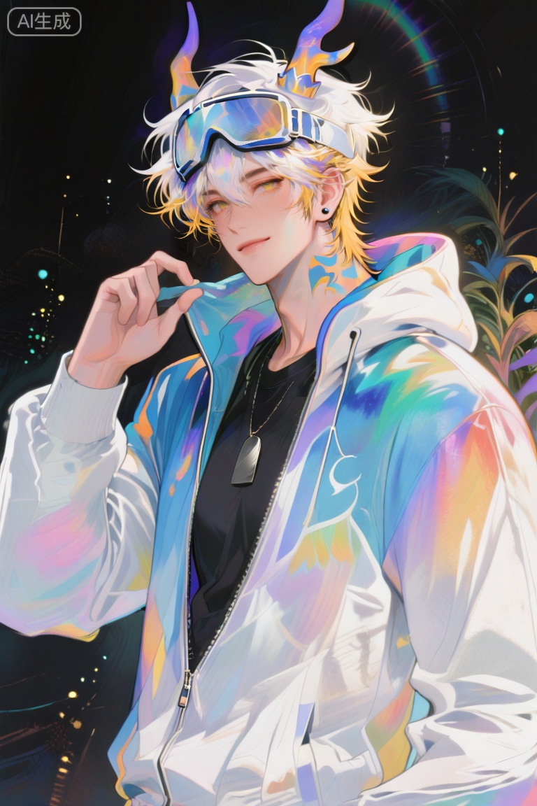 ,xiao zhi tiao,(artist:mazjojo:0.77), (artist:pigeon666:0.70), (artist:zawar379:0.83), (artist:remsrar:0.65), (artist:chimmyming:0.72),masterpiece,best quality,male focus,hd,4kamazing quality,very aesthetic,bust,high resolution,ultra-detailed,perfect lighting,volumetric lighting,,xiaozhitiao,yu xuan,multicolored hair,White dragon tail,White dragon horns,sneakers,white shorts,headphones,tattoo,yellow eyes,white hair,1boy,blonde hair,bangs,white **** top,

masterpiece, best quality, highres, goldenfieldszho, very awa, newest, absurdres, perfect lighting, , nsfw, yaoi, , male, masculine, (athletic, muscular),((flat color)),((flat color)),,

 BREAK,,(1boy,male focus,solo,goggles,goggles on head,looking at viewer,jewelry,smile,jacket,short hair,multicolored clothes,earrings,upper body,zipper,white hair,long sleeves,hand up,closed mouth,hair between eyes,stud earrings,necklace,hood,multicolored jacket,black shirt,black background)

BREAK,,danmei,rainbow,xiaozhitiao,Dog ears,Xiaozhitiao,dianmei