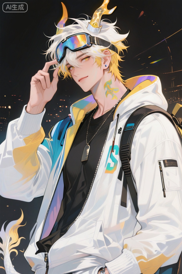 ,xiao zhi tiao,(artist:mazjojo:0.77), (artist:pigeon666:0.70), (artist:zawar379:0.83), (artist:remsrar:0.65), (artist:chimmyming:0.72),masterpiece,best quality,male focus,hd,4kamazing quality,very aesthetic,bust,high resolution,ultra-detailed,perfect lighting,volumetric lighting,,xiaozhitiao,yu xuan,multicolored hair,White dragon tail,White dragon horns,sneakers,white shorts,headphones,tattoo,yellow eyes,white hair,1boy,blonde hair,bangs,white **** top,

masterpiece, best quality, highres, goldenfieldszho, very awa, newest, absurdres, perfect lighting, , nsfw, yaoi, , male, masculine, (athletic, muscular),((flat color)),((flat color)),,

 BREAK,,(1boy,male focus,solo,goggles,goggles on head,looking at viewer,jewelry,smile,jacket,short hair,multicolored clothes,earrings,upper body,zipper,white hair,long sleeves,hand up,closed mouth,hair between eyes,stud earrings,necklace,hood,multicolored jacket,black shirt,black background)

BREAK,,danmei,rainbow,xiaozhitiao,Dog ears,Xiaozhitiao,dianmei