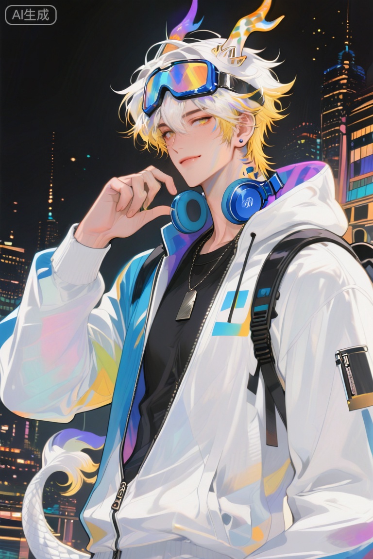 ,xiao zhi tiao,(artist:mazjojo:0.77), (artist:pigeon666:0.70), (artist:zawar379:0.83), (artist:remsrar:0.65), (artist:chimmyming:0.72),masterpiece,best quality,male focus,hd,4kamazing quality,very aesthetic,bust,high resolution,ultra-detailed,perfect lighting,volumetric lighting,,xiaozhitiao,yu xuan,multicolored hair,White dragon tail,White dragon horns,sneakers,white shorts,headphones,tattoo,yellow eyes,white hair,1boy,blonde hair,bangs,white **** top,

masterpiece, best quality, highres, goldenfieldszho, very awa, newest, absurdres, perfect lighting, , nsfw, yaoi, , male, masculine, (athletic, muscular),((flat color)),((flat color)),,

 BREAK,,(1boy,male focus,solo,goggles,goggles on head,looking at viewer,jewelry,smile,jacket,short hair,multicolored clothes,earrings,upper body,zipper,white hair,long sleeves,hand up,closed mouth,hair between eyes,stud earrings,necklace,hood,multicolored jacket,black shirt,black background)

BREAK,,danmei,rainbow,xiaozhitiao,Dog ears,Xiaozhitiao,dianmei