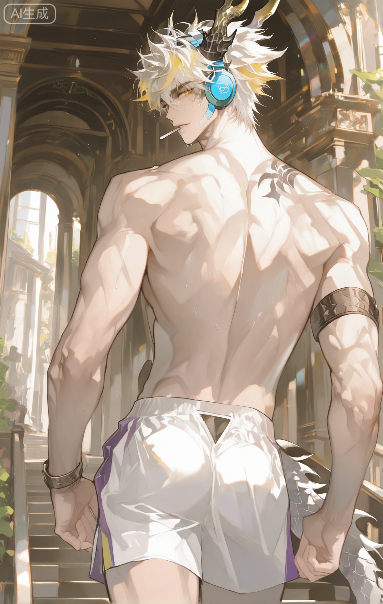 ,xiao zhi tiao,(artist:mazjojo:0.77), (artist:pigeon666:0.70), (artist:zawar379:0.83), (artist:remsrar:0.65), (artist:chimmyming:0.72),masterpiece,best quality,male focus,hd,4kamazing quality,very aesthetic,bust,high resolution,ultra-detailed,perfect lighting,volumetric lighting,,xiaozhitiao,yu xuan,multicolored hair,White dragon tail,White dragon horns,sneakers,white shorts,headphones,tattoo,yellow eyes,white hair,1boy,blonde hair,bangs,white **** top,

masterpiece, best quality, highres, goldenfieldszho, very awa, newest, absurdres, perfect lighting, , nsfw, yaoi, , male, masculine, (athletic, muscular)

 BREAK,,(1boy

BREAK,,danmei,rainbow,xiaozhitiao,Dog ears,Xiaozhitiao,dianmei,Baiwen Card,Black and white,monochrome