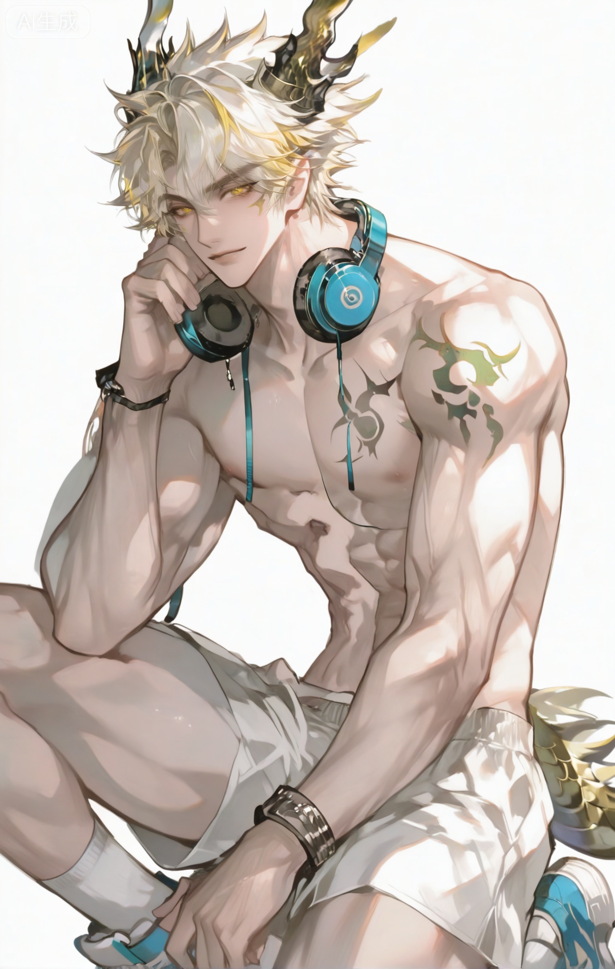 ,xiao zhi tiao,(artist:mazjojo:0.77), (artist:pigeon666:0.70), (artist:zawar379:0.83), (artist:remsrar:0.65), (artist:chimmyming:0.72),masterpiece,best quality,male focus,hd,4kamazing quality,very aesthetic,bust,high resolution,ultra-detailed,perfect lighting,volumetric lighting,,xiaozhitiao,yu xuan,multicolored hair,White dragon tail,White dragon horns,sneakers,white shorts,headphones,tattoo,yellow eyes,white hair,1boy,blonde hair,bangs,white **** top,

masterpiece, best quality, highres, goldenfieldszho, very awa, newest, absurdres, perfect lighting, , nsfw, yaoi, , male, masculine, (athletic, muscular)

 BREAK,,(1boy

BREAK,,danmei,rainbow,xiaozhitiao,Dog ears,Xiaozhitiao,dianmei,Baiwen Card,Black and white,monochrome