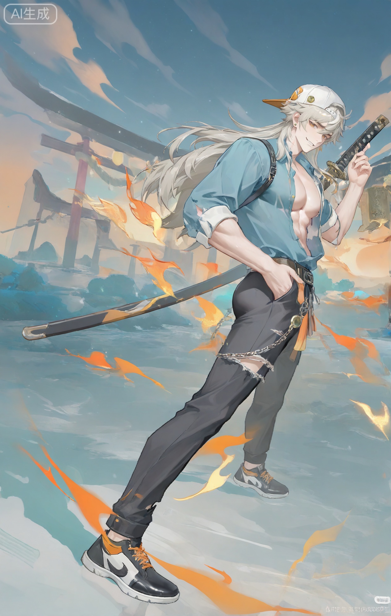 baizei,,long hair,1boy,wide sleeves,japanese clothes,jewelry,grey hair,pants,xiaozhitiao

1boy, muscular,,, amber eyes, stud earrings, baseball cap, backwards hat, school uniform, (torn clothes, torn shirt, torn pants), blue shirt, open shirt, black pants, sleeves rolled up, wallet chain, looking back, over shoulder, smirk, katana, sheath, weapon on back, hand in pocket, ass, black sneakers, orange shoelaces, shoulder strap,
BREAK
simple blue background, (orange shadow, colored shadow), orange lighting, orange stripes, glint,
BREAK
dynamic pose, dynamic angle, heavy film grain, chiaroscuro, cinematic, wide shot, from above, blue theme, orange accents, foreshortening, very awa, masterpiece, best quality, absurdres, perfect quality, detailed background, intricate details,Small note art style,not wearing clothes

,