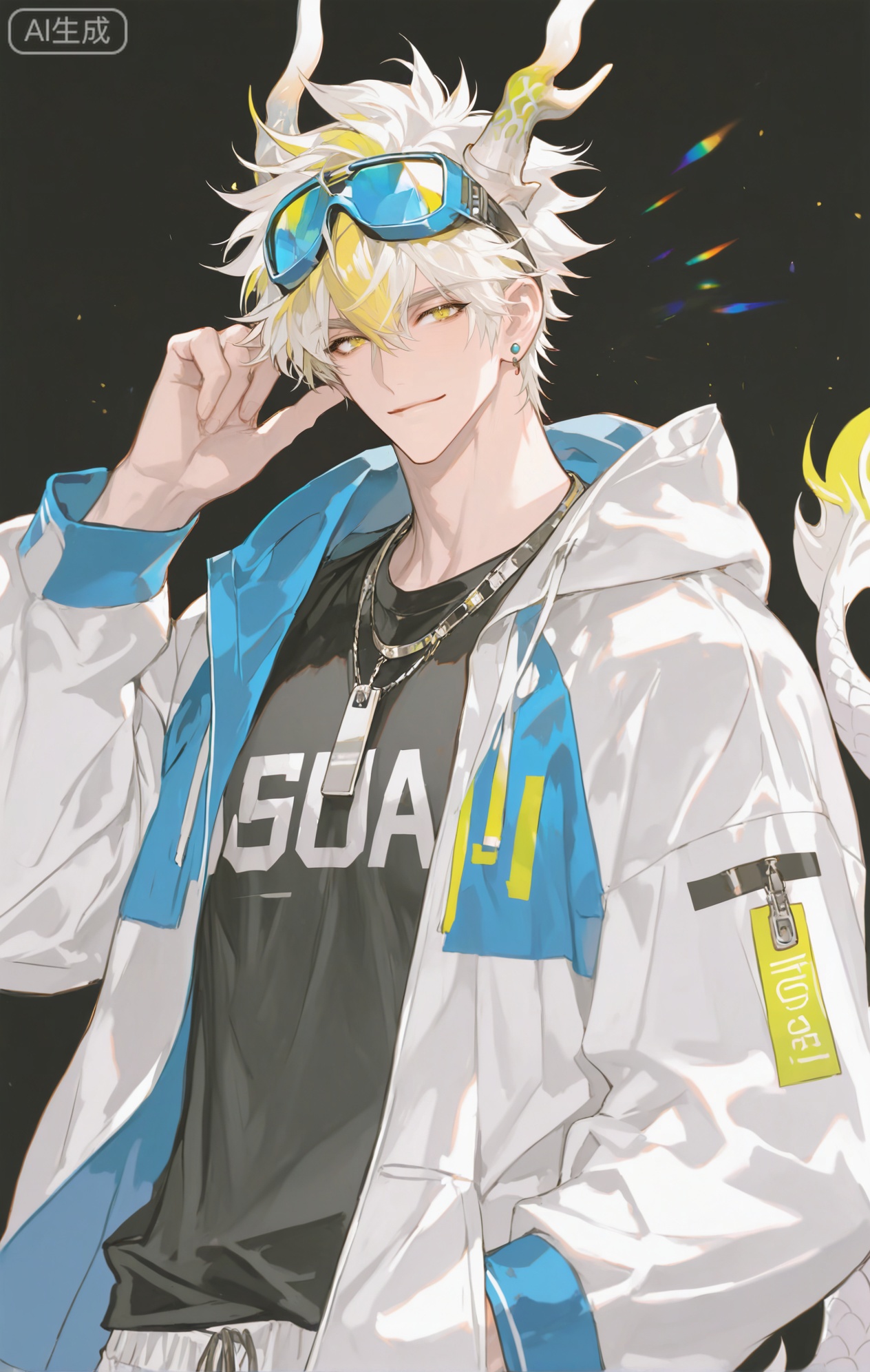 ,xiao zhi tiao,(artist:mazjojo:0.77), (artist:pigeon666:0.70), (artist:zawar379:0.83), (artist:remsrar:0.65), (artist:chimmyming:0.72),masterpiece,best quality,male focus,hd,4kamazing quality,very aesthetic,bust,high resolution,ultra-detailed,perfect lighting,volumetric lighting,,xiaozhitiao,yu xuan,multicolored hair,White dragon tail,White dragon horns,sneakers,white shorts,headphones,tattoo,yellow eyes,white hair,1boy,blonde hair,bangs,white **** top,

masterpiece, best quality, highres, goldenfieldszho, very awa, newest, absurdres, perfect lighting, , nsfw, yaoi, , male, masculine, (athletic, muscular),((flat color)),((flat color)),,

 BREAK,,(1boy,male focus,solo,goggles,goggles on head,looking at viewer,jewelry,smile,jacket,short hair,multicolored clothes,earrings,upper body,zipper,white hair,long sleeves,hand up,closed mouth,hair between eyes,stud earrings,necklace,hood,multicolored jacket,black shirt,black background)

BREAK,,danmei,rainbow,xiaozhitiao,Dog ears,Xiaozhitiao,dianmei