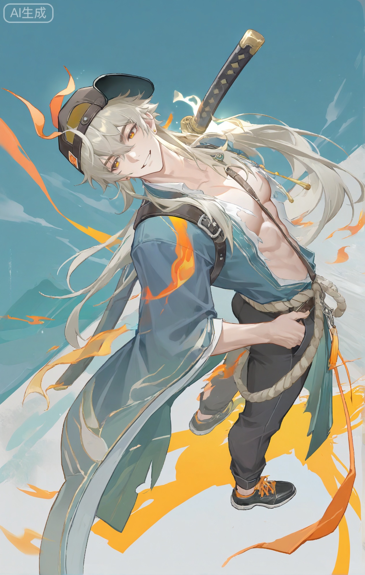 baizei,,long hair,1boy,wide sleeves,japanese clothes,jewelry,grey hair,pants,xiaozhitiao

1boy, muscular,,, amber eyes, stud earrings, baseball cap, backwards hat, school uniform, (torn clothes, torn shirt, torn pants), blue shirt, open shirt, black pants, sleeves rolled up, wallet chain, looking back, over shoulder, smirk, katana, sheath, weapon on back, hand in pocket, ass, black sneakers, orange shoelaces, shoulder strap,
BREAK
simple blue background, (orange shadow, colored shadow), orange lighting, orange stripes, glint,
BREAK
dynamic pose, dynamic angle, heavy film grain, chiaroscuro, cinematic, wide shot, from above, blue theme, orange accents, foreshortening, very awa, masterpiece, best quality, absurdres, perfect quality, detailed background, intricate details,Small note art style,not wearing clothes

,