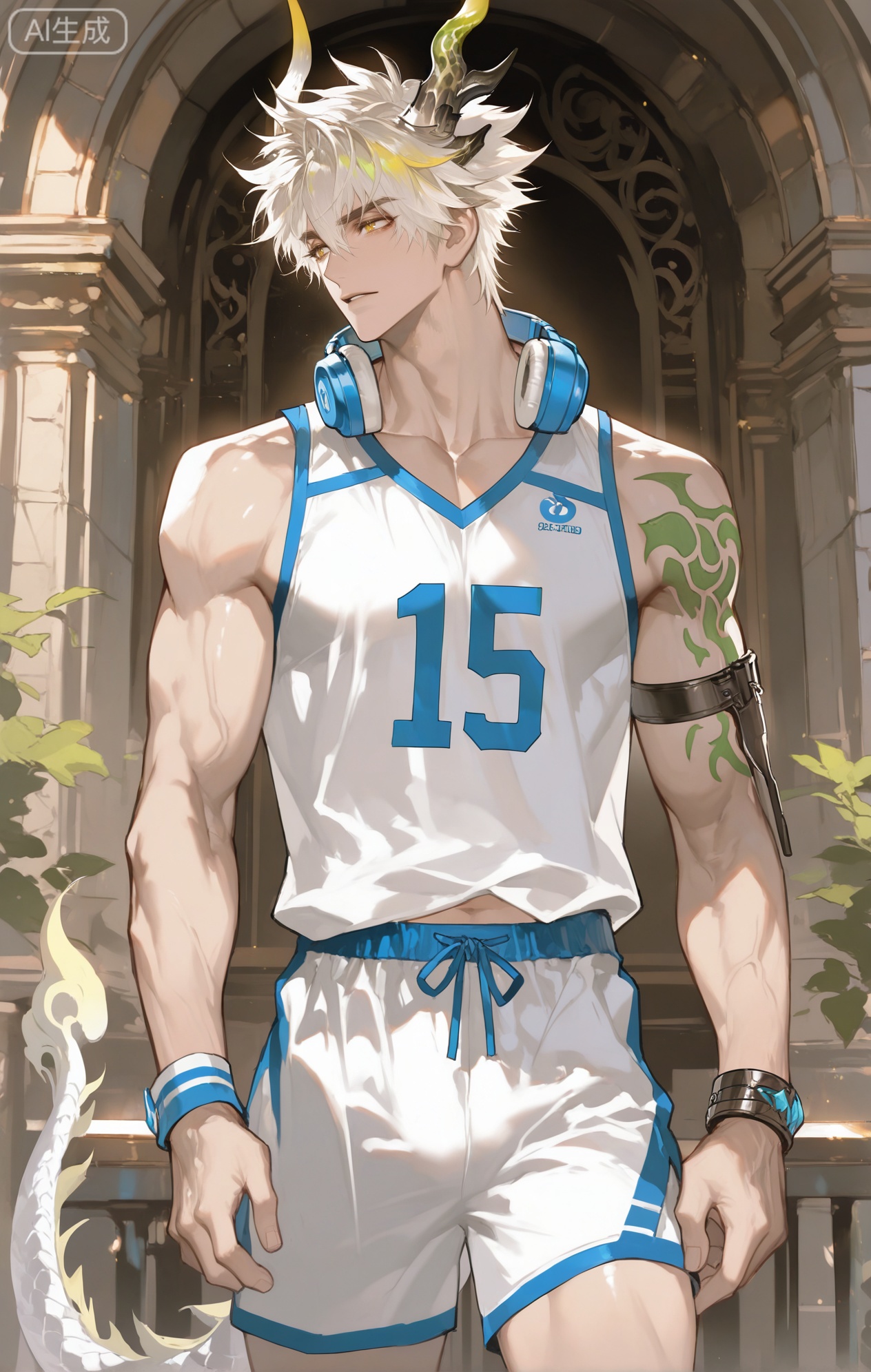 ,xiao zhi tiao,(artist:mazjojo:0.77), (artist:pigeon666:0.70), (artist:zawar379:0.83), (artist:remsrar:0.65), (artist:chimmyming:0.72),masterpiece,best quality,male focus,hd,4kamazing quality,very aesthetic,bust,high resolution,ultra-detailed,perfect lighting,volumetric lighting,,xiaozhitiao,yu xuan,multicolored hair,White dragon tail,White dragon horns,sneakers,white shorts,headphones,tattoo,yellow eyes,white hair,1boy,blonde hair,bangs,white **** top,

masterpiece, best quality, highres, goldenfieldszho, very awa, newest, absurdres, perfect lighting, , nsfw, yaoi, , male, masculine, (athletic, muscular)

 BREAK,,(1boy

BREAK,,danmei,rainbow,xiaozhitiao,Dog ears,Xiaozhitiao,dianmei,Baiwen Card,Black and white,monochrome