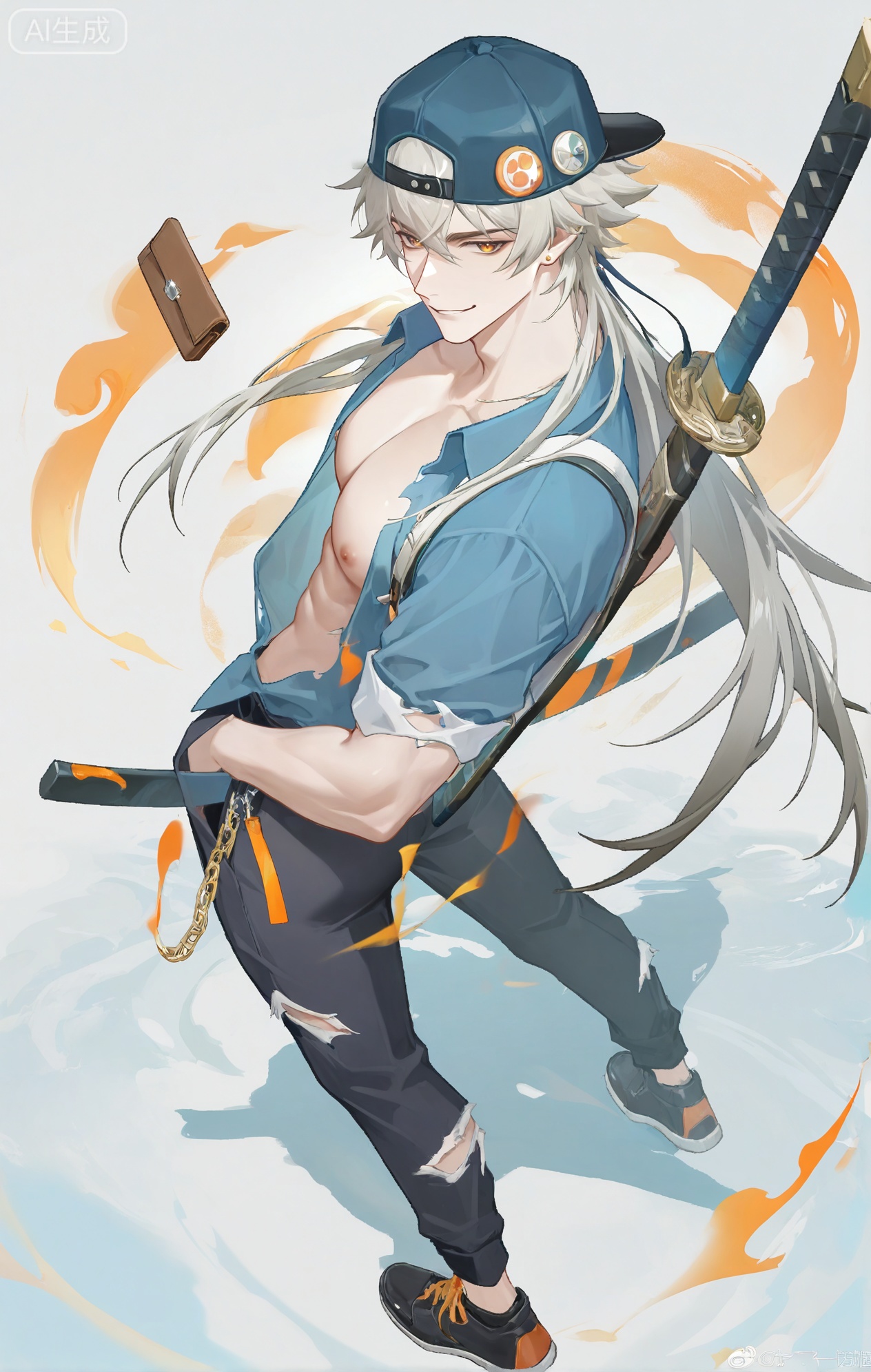 baizei,,long hair,1boy,wide sleeves,japanese clothes,jewelry,grey hair,pants,xiaozhitiao

1boy, muscular,,, amber eyes, stud earrings, baseball cap, backwards hat, school uniform, (torn clothes, torn shirt, torn pants), blue shirt, open shirt, black pants, sleeves rolled up, wallet chain, looking back, over shoulder, smirk, katana, sheath, weapon on back, hand in pocket, ass, black sneakers, orange shoelaces, shoulder strap,
BREAK
simple blue background, (orange shadow, colored shadow), orange lighting, orange stripes, glint,
BREAK
dynamic pose, dynamic angle, heavy film grain, chiaroscuro, cinematic, wide shot, from above, blue theme, orange accents, foreshortening, very awa, masterpiece, best quality, absurdres, perfect quality, detailed background, intricate details,Small note art style,not wearing clothes

,