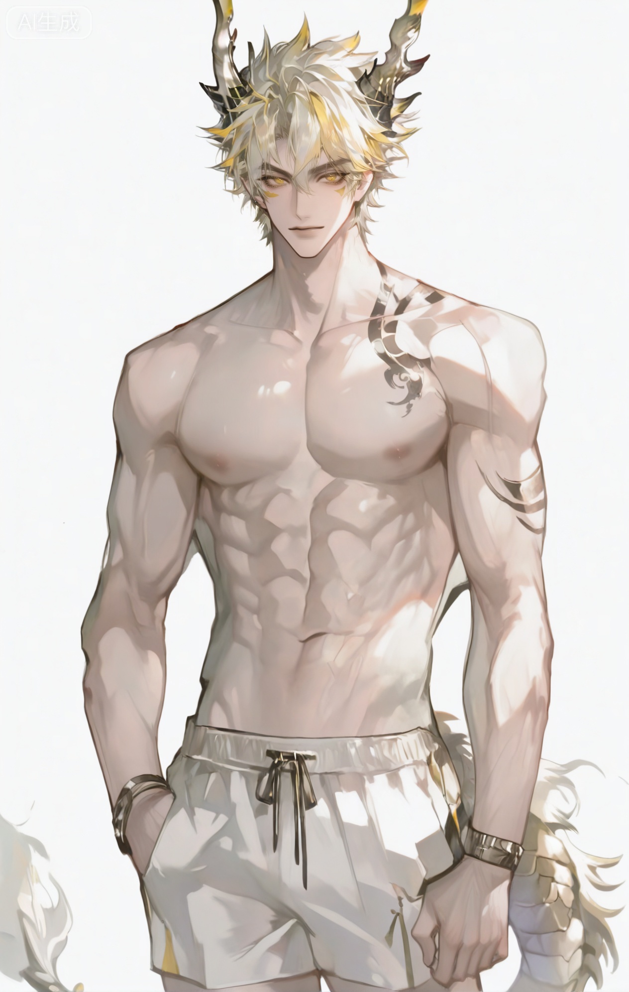 ,xiao zhi tiao,(artist:mazjojo:0.77), (artist:pigeon666:0.70), (artist:zawar379:0.83), (artist:remsrar:0.65), (artist:chimmyming:0.72),masterpiece,best quality,male focus,hd,4kamazing quality,very aesthetic,bust,high resolution,ultra-detailed,perfect lighting,volumetric lighting,,xiaozhitiao,yu xuan,multicolored hair,White dragon tail,White dragon horns,sneakers,white shorts,headphones,tattoo,yellow eyes,white hair,1boy,blonde hair,bangs,white **** top,

masterpiece, best quality, highres, goldenfieldszho, very awa, newest, absurdres, perfect lighting, , nsfw, yaoi, , male, masculine, (athletic, muscular)

 BREAK,,(1boy

BREAK,,danmei,rainbow,xiaozhitiao,Dog ears,Xiaozhitiao,dianmei,Baiwen Card,Black and white,monochrome