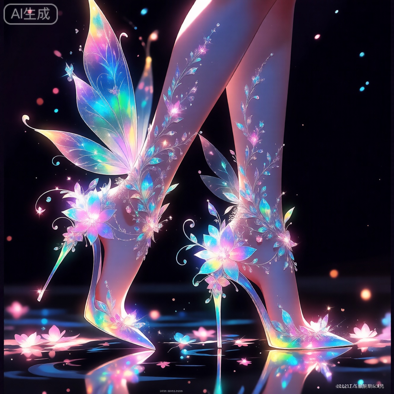 Ethereal, glowing fairy-like legs with intricate iridescent wings and floral designs, sparkling colorful elements on a dark reflective background, highly detailed CGI, magical and otherworldly aesthetic, close-up composition, soft ambient lighting.