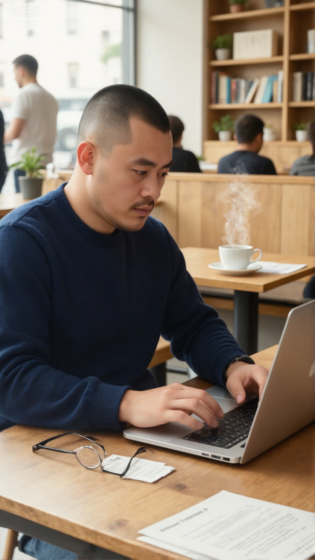 Tough guy style,A man with a buzz cut, wearing a dark blue sweater, was sitting in a sunny cafe focusing on using a silver laptop. At his hand, a white coffee cup (with a cup and a saucer, steaming), a pair of glasses, and a few papers were placed casually; in the background, wooden bookshelf with books and green plants stood quietly, and other customers were moving in the distance, warm light fell on the table through the large windows, and the whole scene was filled with a focused and comfortable life atmosphere.