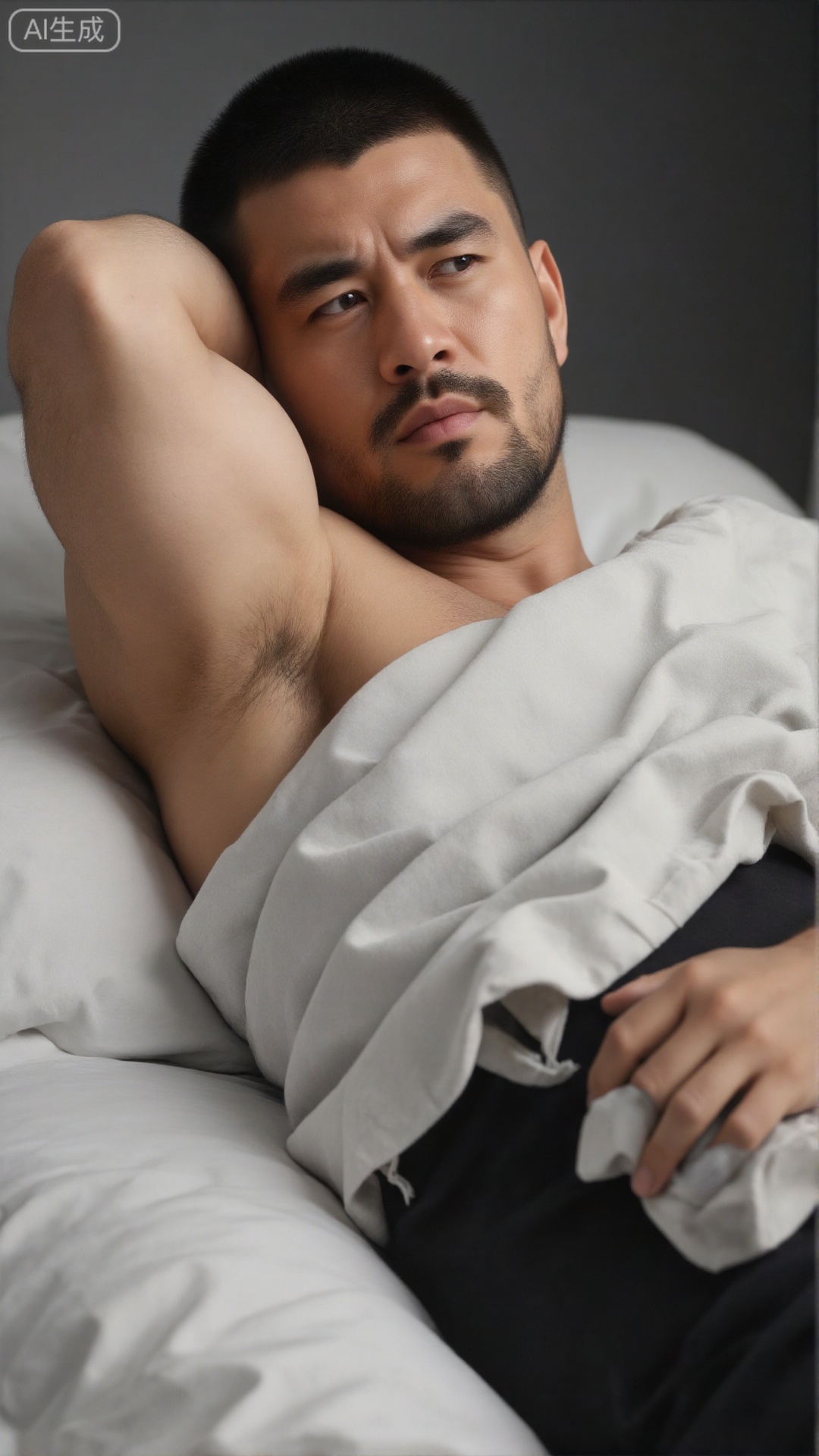 Tough guy style,a man lying on a bed,partially covered by a blanket. He has short, dark hair and a neatly trimmed beard. His expression appears contemplative with his head resting on his left arm which is bent at the elbow. The man's body is partially visible showing a muscular build. 