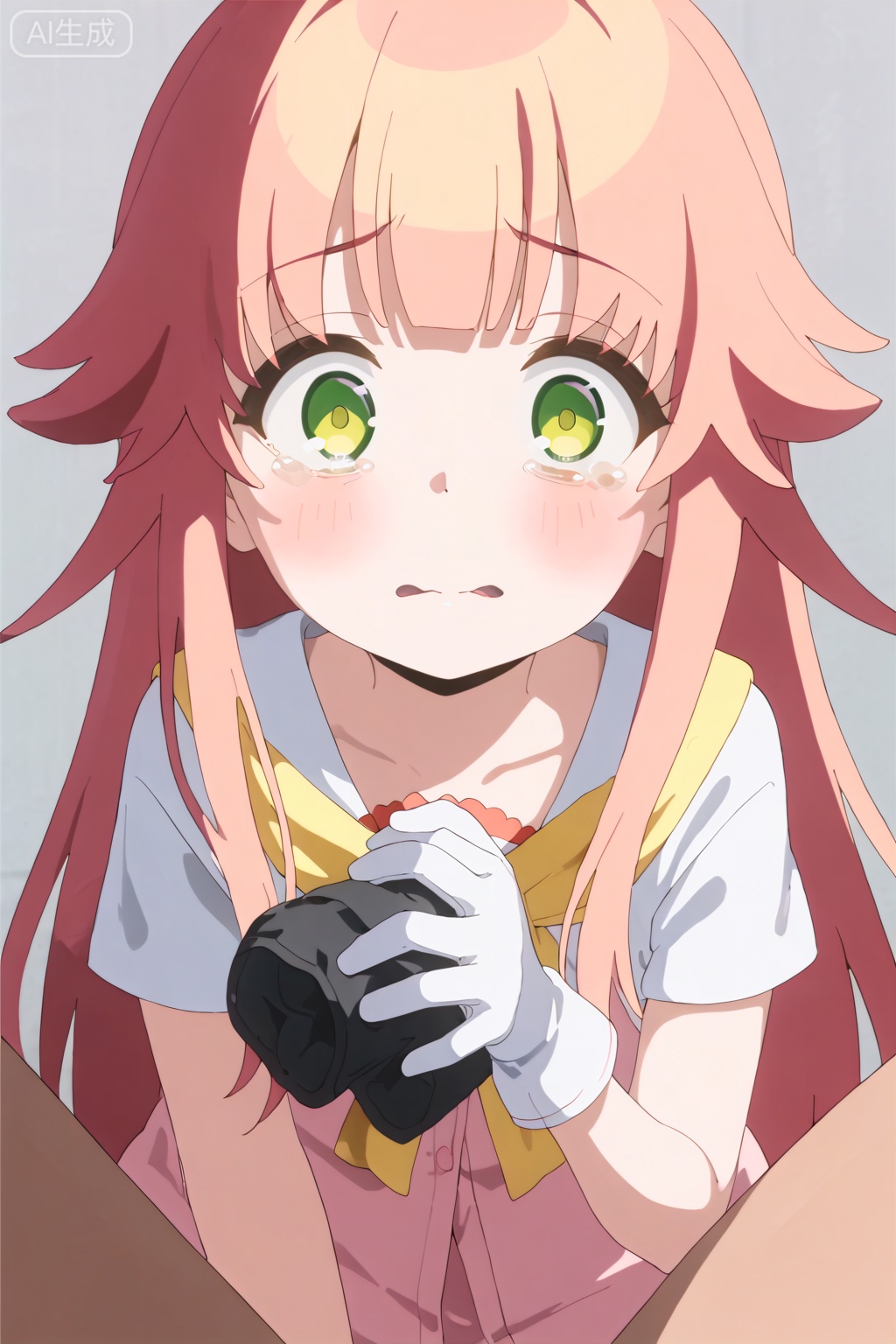 1girl, long hair, looking at viewer, blush, bangs, blonde hair, gloves, green eyes, pink hair, solo focus, tears, parody, crying, hair flaps, wide-eyed,loli