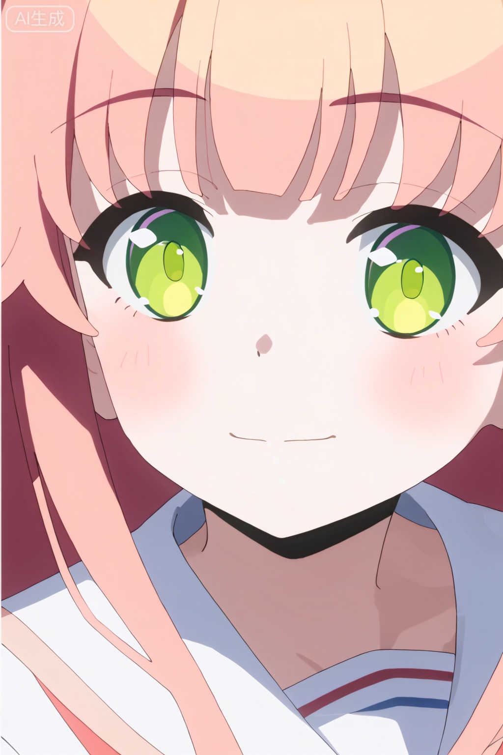 1girl, solo, long hair, blush, smile, closed mouth, school uniform, green eyes, pink hair, sailor collar, looking to the side, close-up, white sailor collar