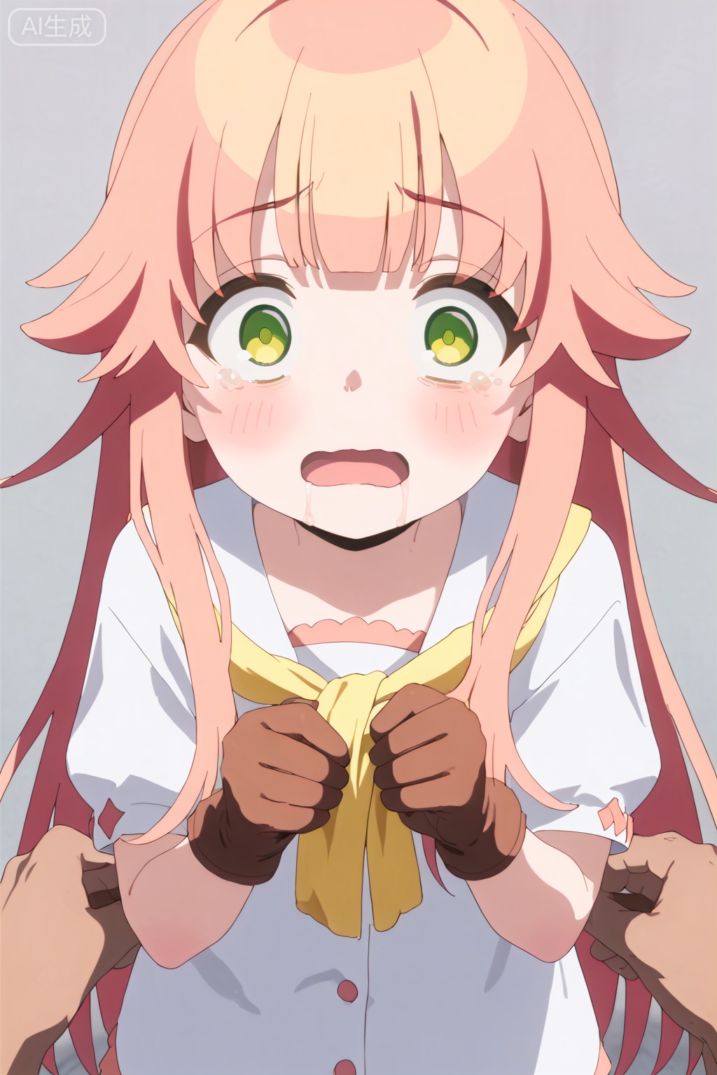 1girl, long hair, looking at viewer, blush, bangs, blonde hair, gloves, green eyes, pink hair, solo focus, tears, parody, crying, hair flaps, wide-eyed,loli