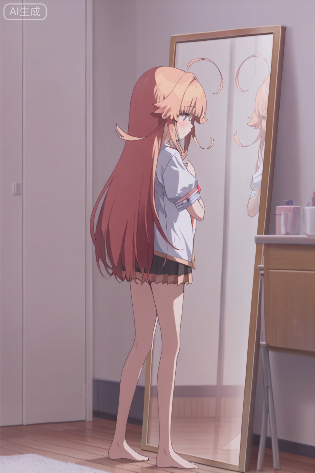 1girl, solo, long hair, blush, bangs, skirt, blonde hair, shirt, very long hair, standing, full body, white shirt, ahoge, short sleeves, pleated skirt, barefoot, indoors, reflection, wooden floor, mirror,