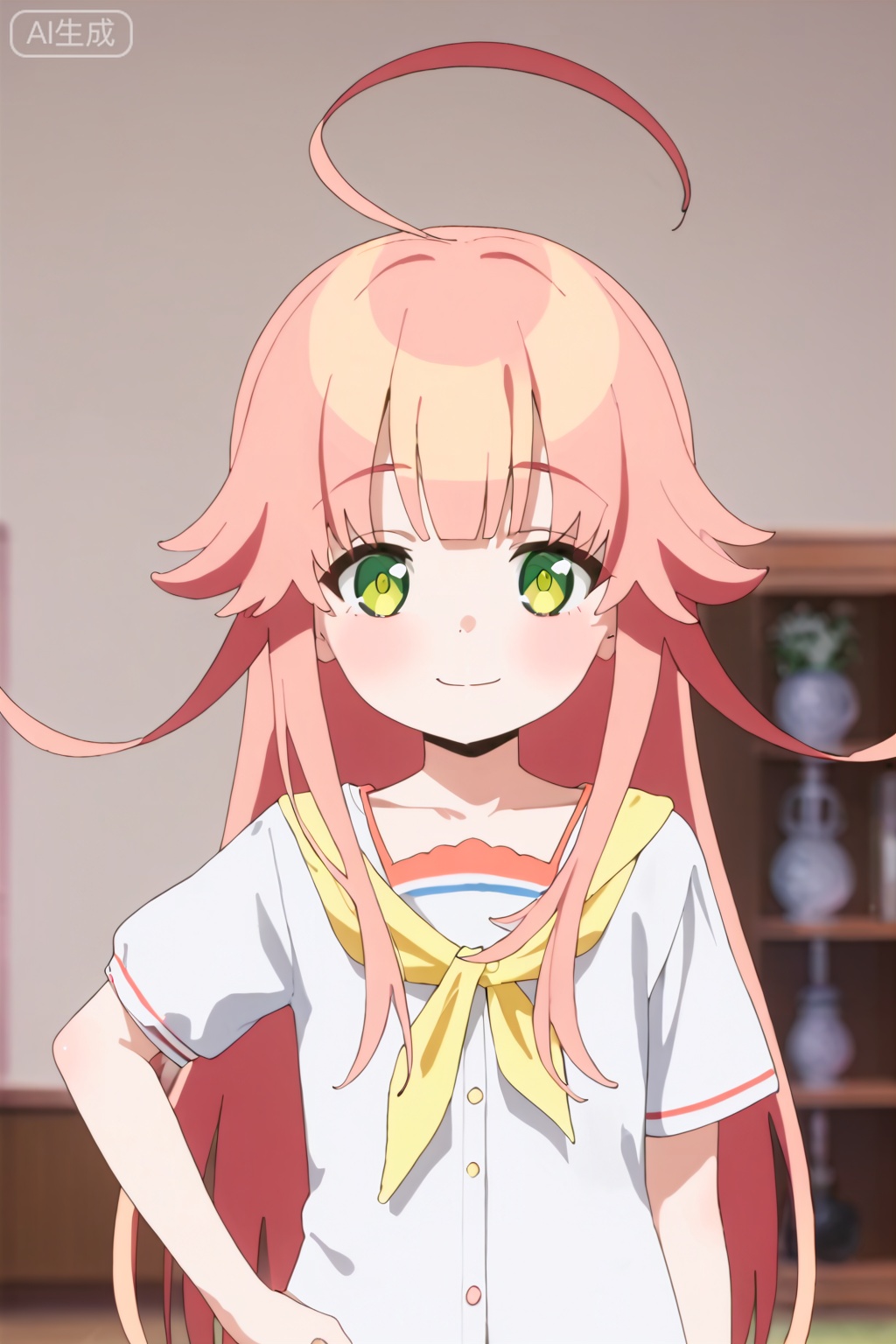 1girl, solo, long hair, looking at viewer, blush, closed mouth, bangs, shirt, green eyes, collarbone, white shirt, upper body, pink hair, short sleeves, indoors, blurry, :o, neckerchief, blurry background, hair flaps,loli,ahoge,hand_on_hip:,from side,smile