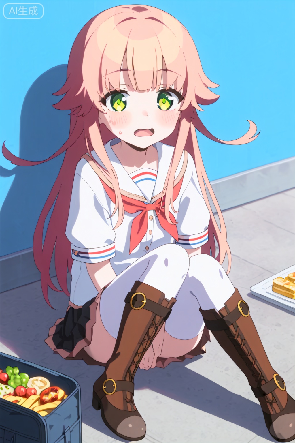 1girl, solo, long hair, looking at viewer, blush, open mouth, skirt, thighhighs, sitting, school uniform, green eyes, pink hair, boots, food, sweatdrop, , white thighhighs, brown footwear, knee boots,loli