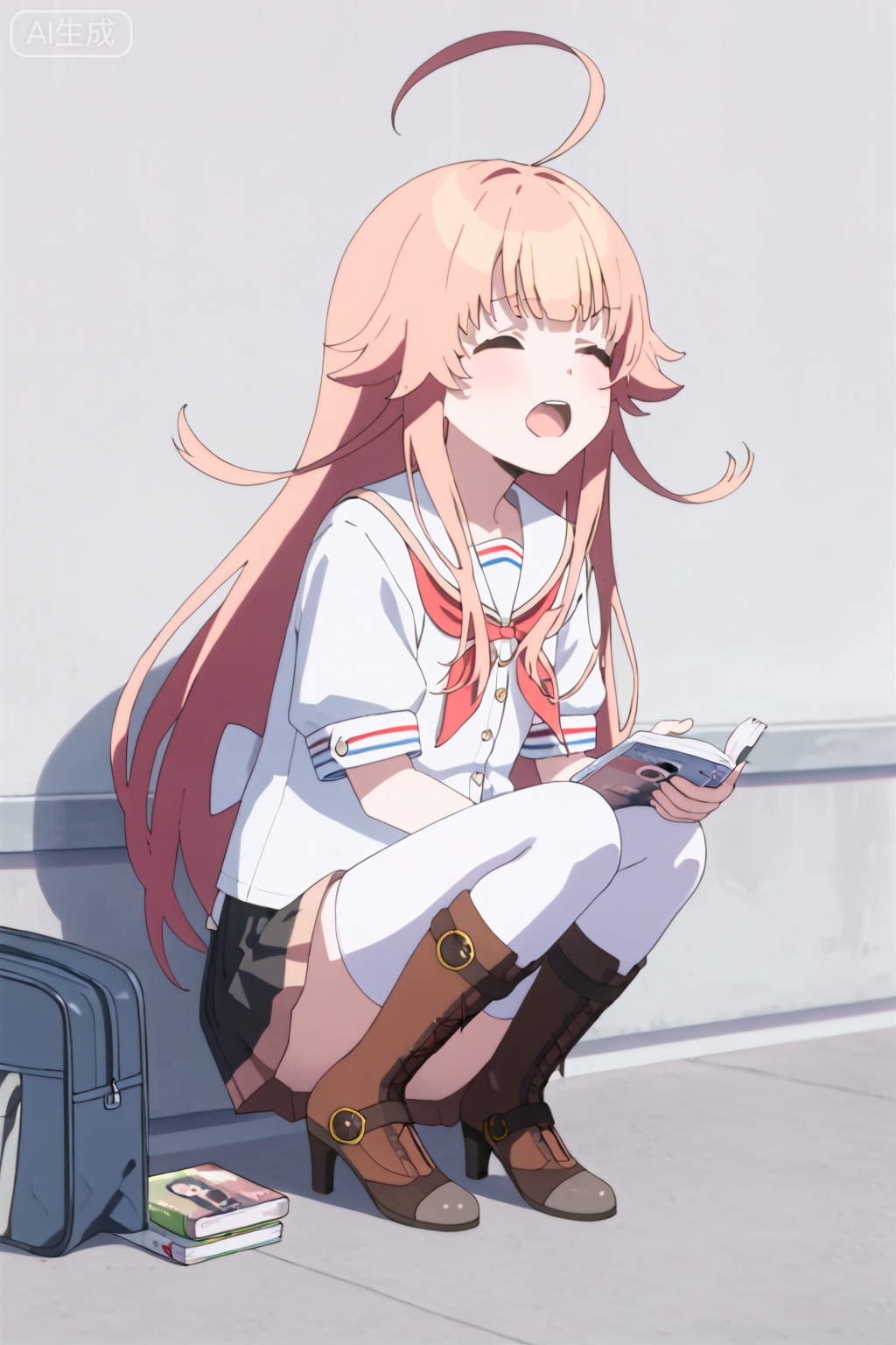 1girl, solo, long hair, open mouth, bangs, skirt, shirt, thighhighs, sitting, very long hair, school uniform, closed eyes, white shirt, pink hair, ahoge, short sleeves, boots, shorts, serafuku, sailor collar, bag, high heels, white thighhighs, neckerchief, book, brown footwear, knee boots, high heel boots, school bag