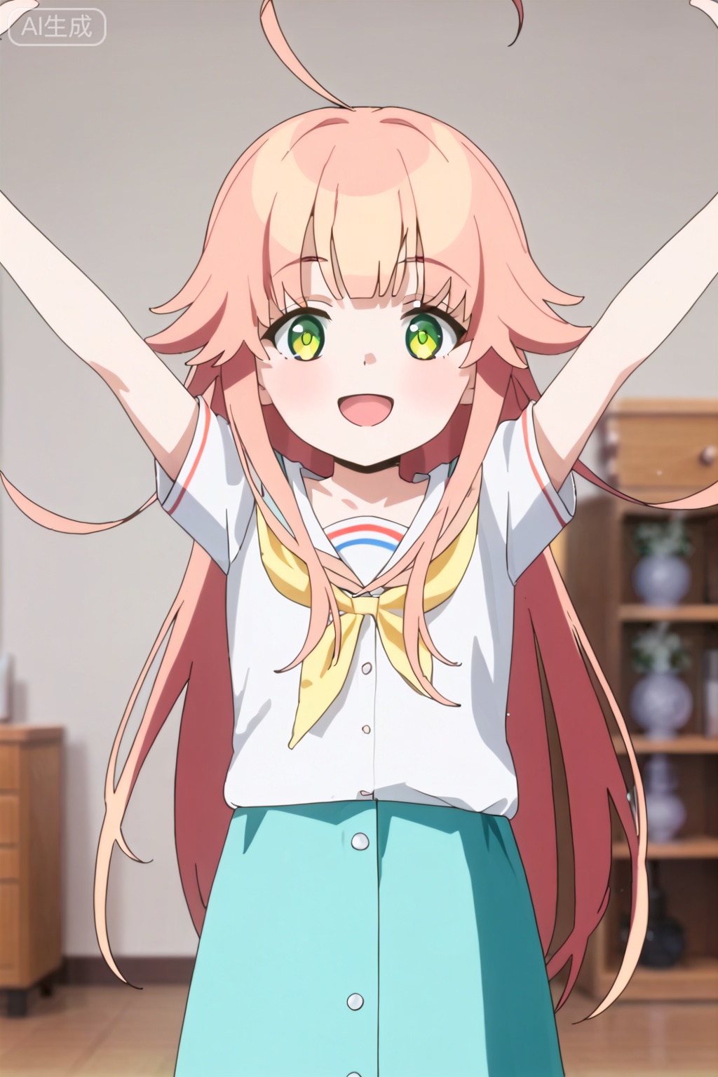 1girl, solo, long hair, looking at viewer, smile, open mouth, bangs, skirt, shirt, very long hair, green eyes, white shirt, pink hair, ahoge, short sleeves, cowboy shot, indoors, sailor collar, blurry, arms up, blue skirt, neckerchief, alternate hairstyle, blurry background, hair flaps, hair down, photo background, yura \(kancolle\),loli