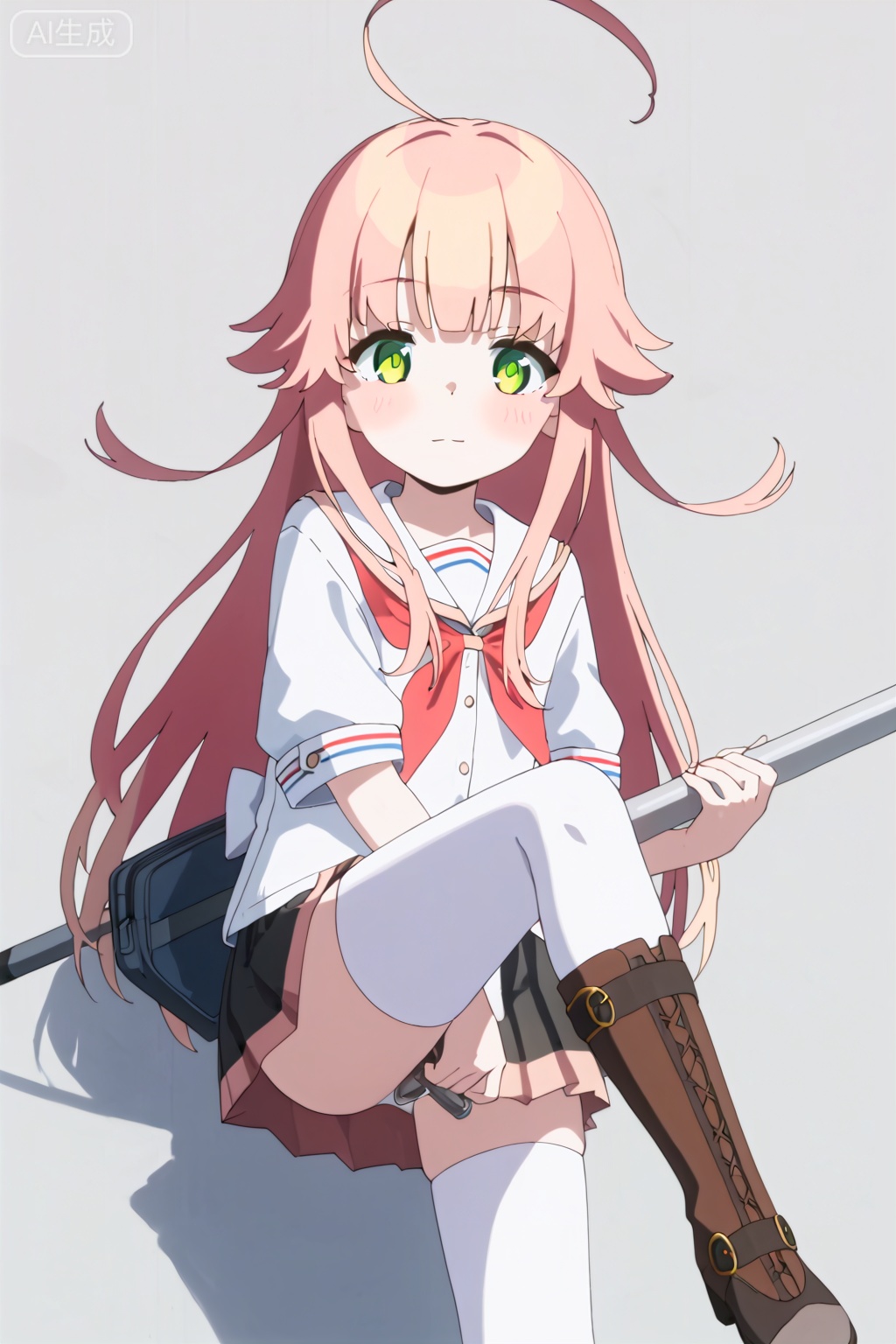 1girl, solo, long hair, looking at viewer, blush, skirt, shirt, thighhighs, holding, very long hair, school uniform, green eyes, white shirt, weapon, pink hair, ahoge, pleated skirt, boots, serafuku, holding weapon, white thighhighs, zettai ryouiki, neckerchief, , :3,loli