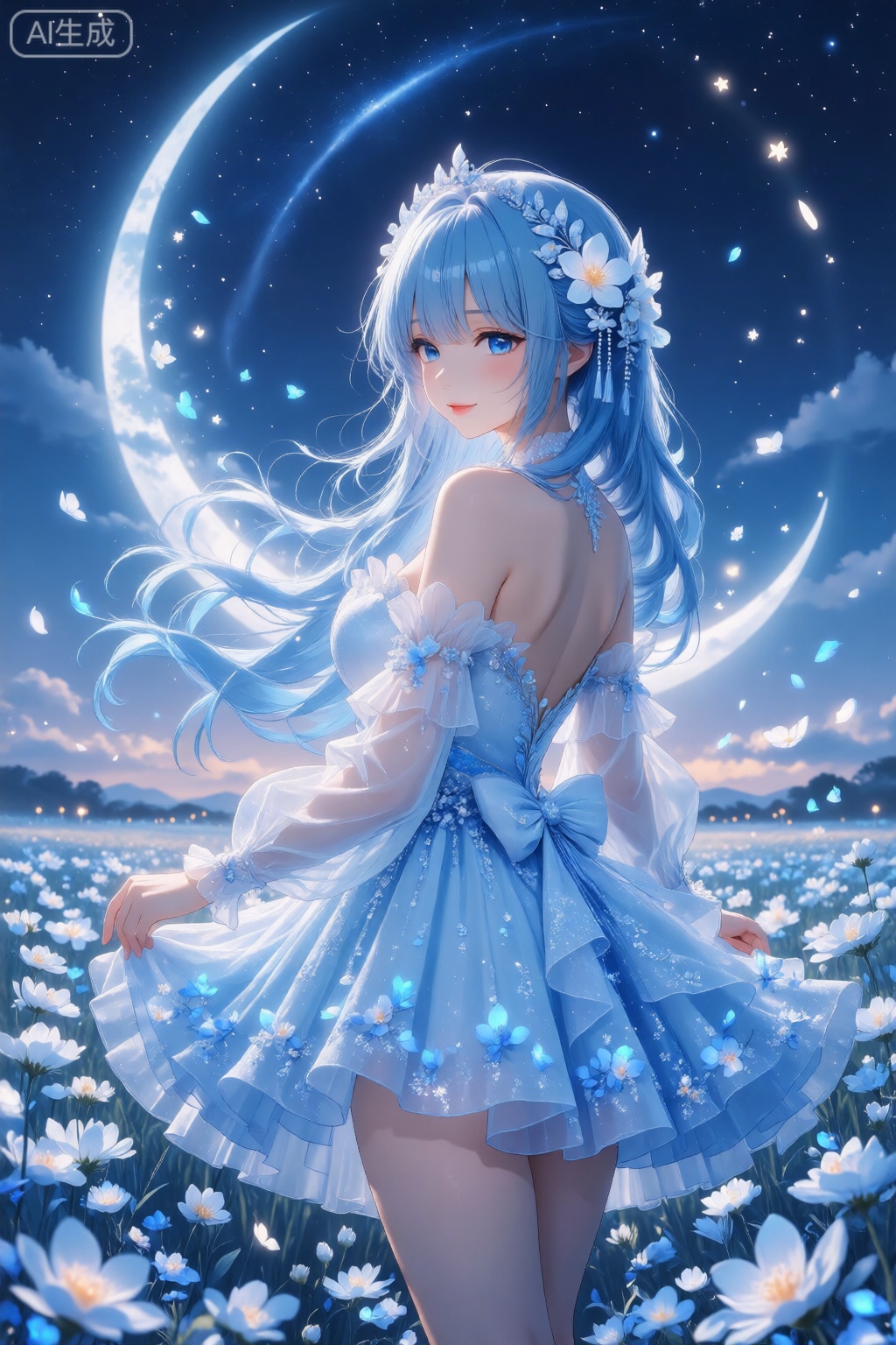 original, bare shoulders, blue eyes, sfw, flower, long hair, 1girl, blue hair, moon, night sky, crescent moon, solo, sky, hair ornament, dress, white flower, blue dress, blue flower, night, looking at viewer, flower petals, flower in hair, bare arms, parted lips, flower field, long sleeves, field, white flower, looking back, white flower in hair, bangs, eyebrows visible through hair 