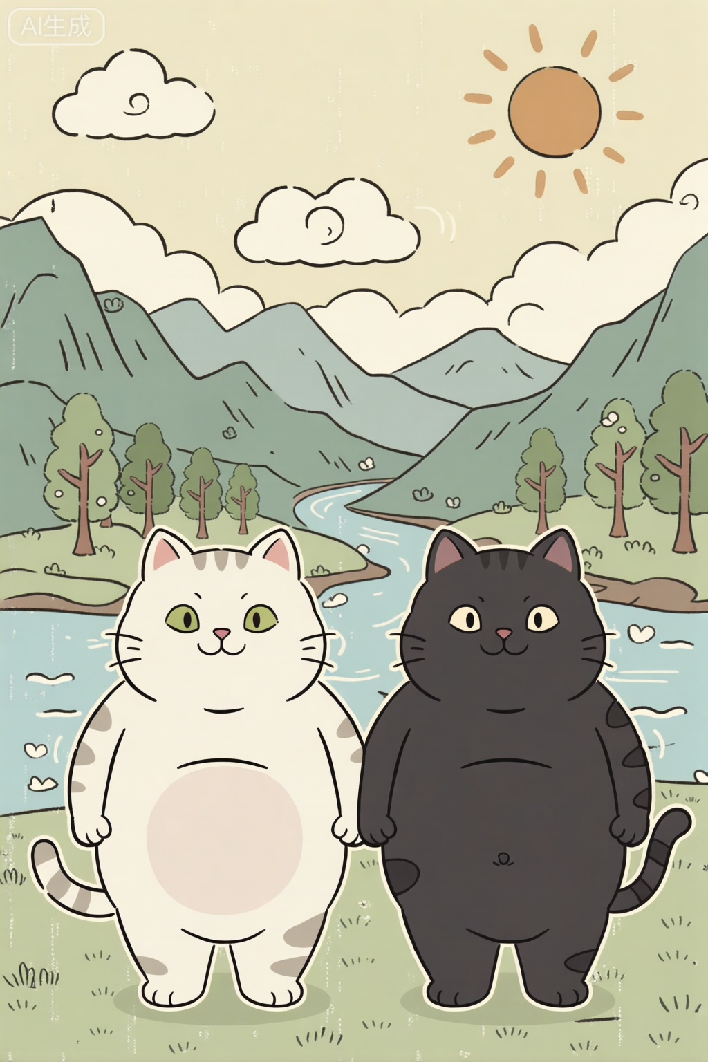 一只白色的大胖猫和一只黑色的大胖猫,背景是山川,河流,树木,太阳,云朵