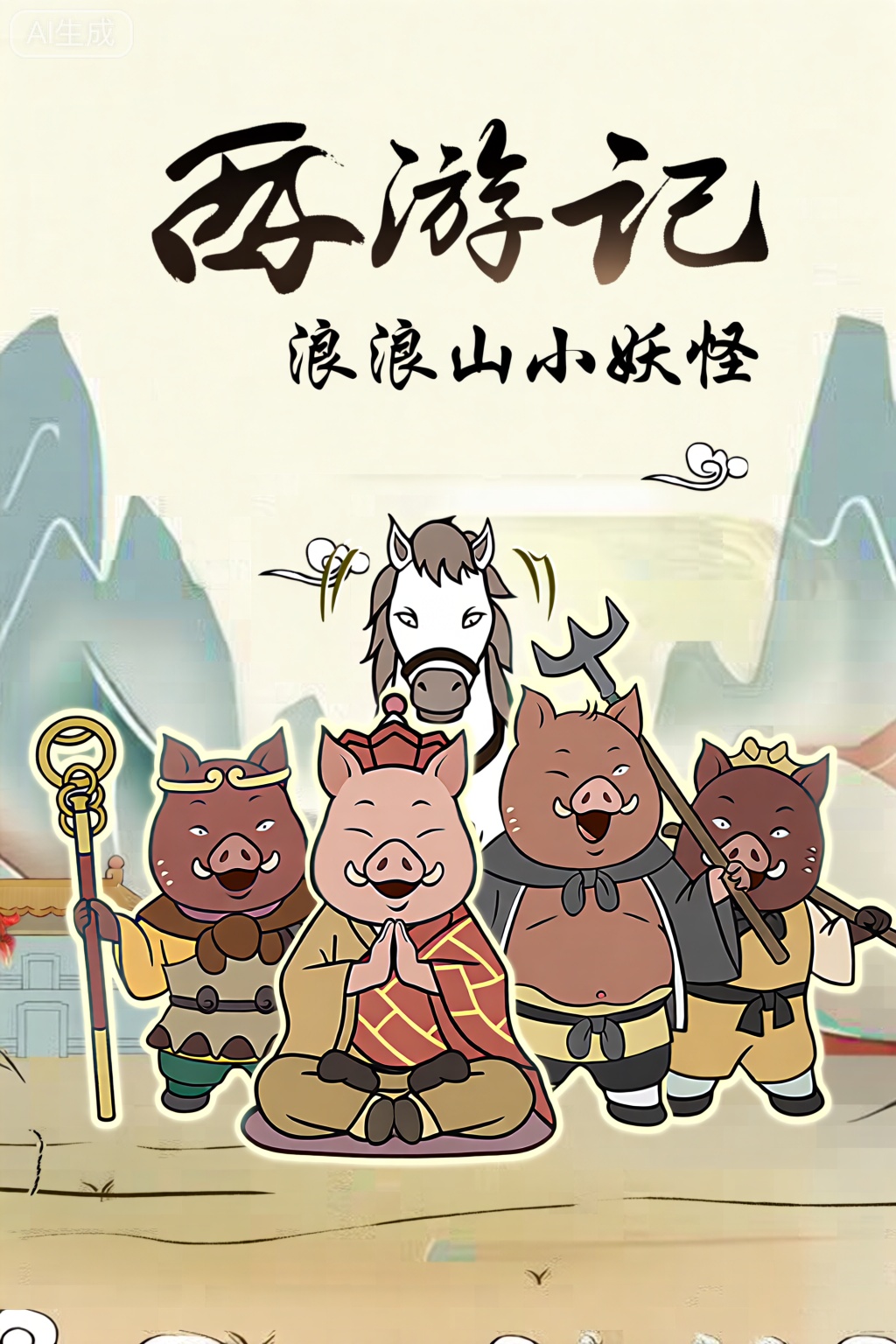 顶部大标题：西游记,小标题：浪浪山小妖怪,字体为国风,书法字体,字体苍劲有力,一只猪穿着唐僧的袈裟坐在中间打坐,另外一只猪在左边着紧箍咒,拿着孙悟空的如意金箍棒,右边还有一只猪大肚子拿着猪八戒的钉耙,穿着猪八戒的服装,身材和猪八戒一样胖,还有一只猪在最右侧,挑着扁担,它的装扮是沙和尚,他们四个身后站着一匹白马,身后是山川和寺庙