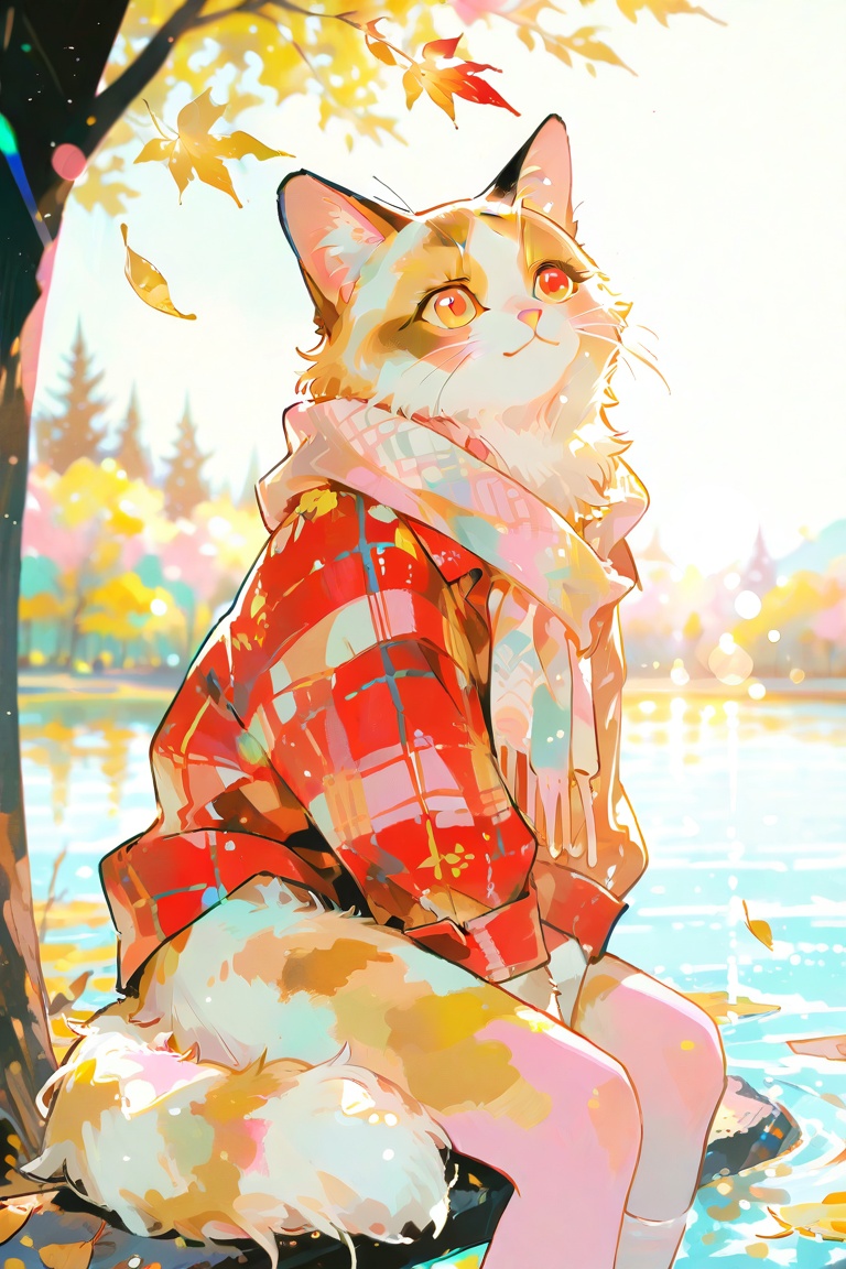 featuring a a beautiful landscape. There is a cute and fluffy cat wearing a flannel shirt with a scarf looking at the leav...